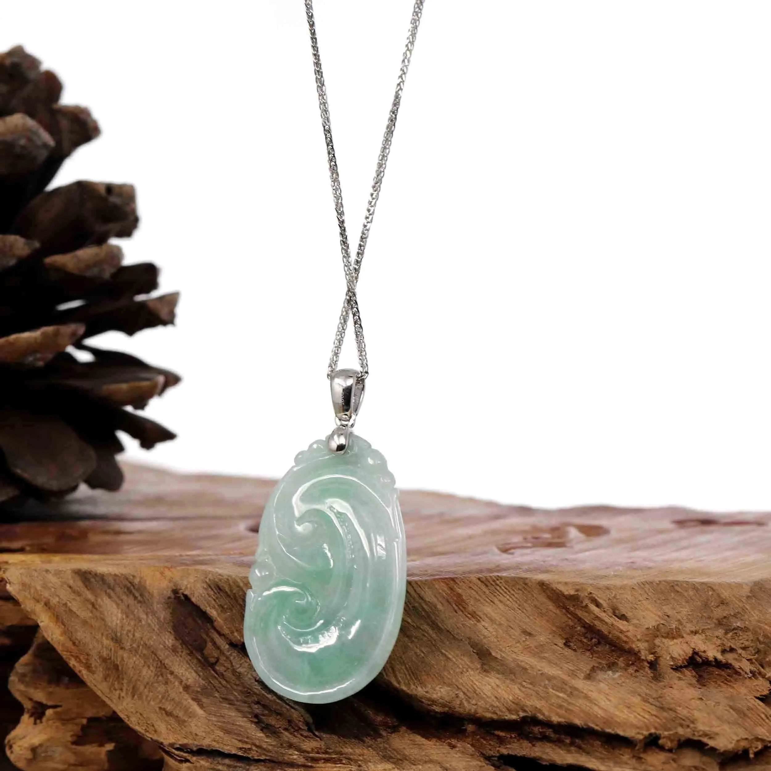 Natural Green Jadeite Jade Ru Yi Necklace With Sterling Silver Bail