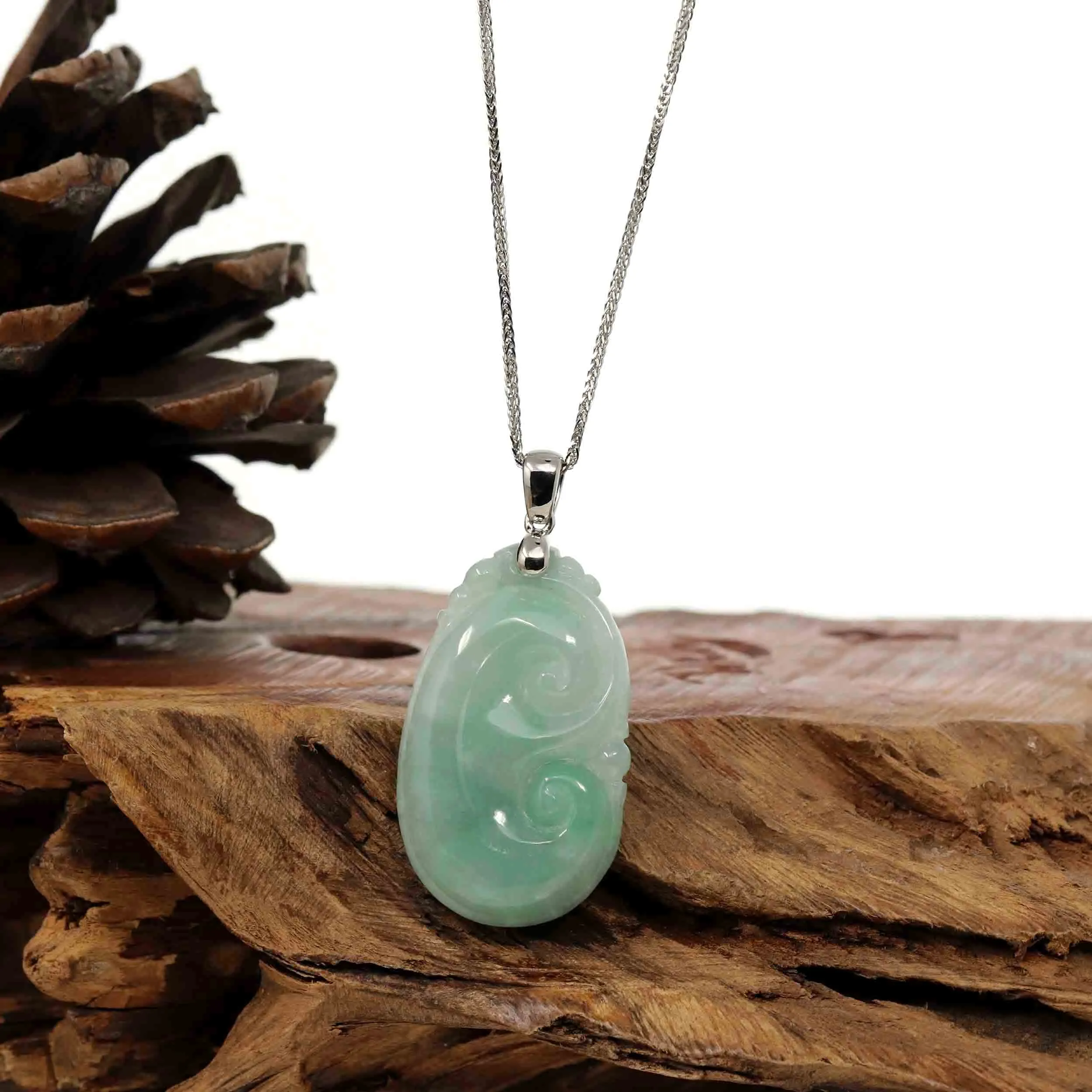 Natural Green Jadeite Jade Ru Yi Necklace With Sterling Silver Bail