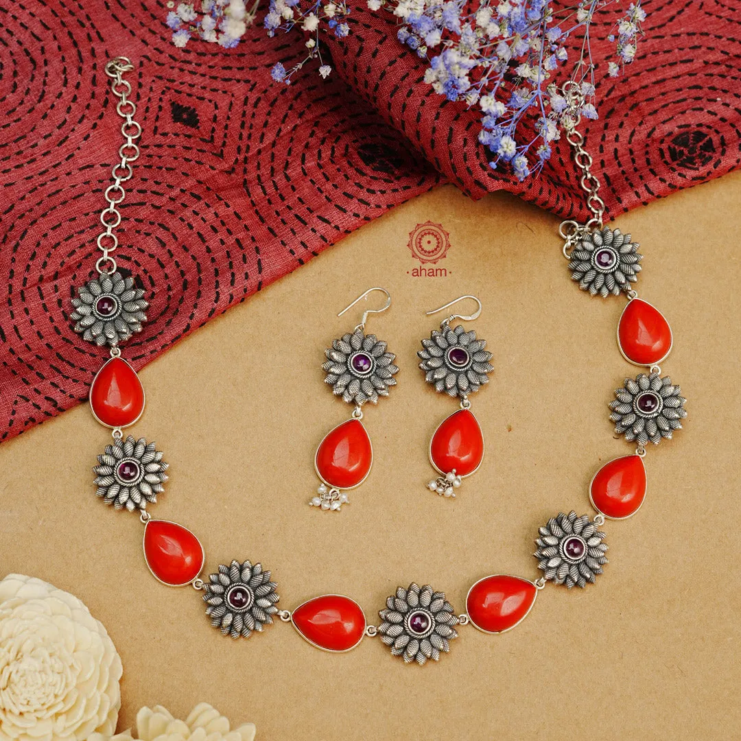 Nrityam Coral Silver Neckpiece Earrings Set