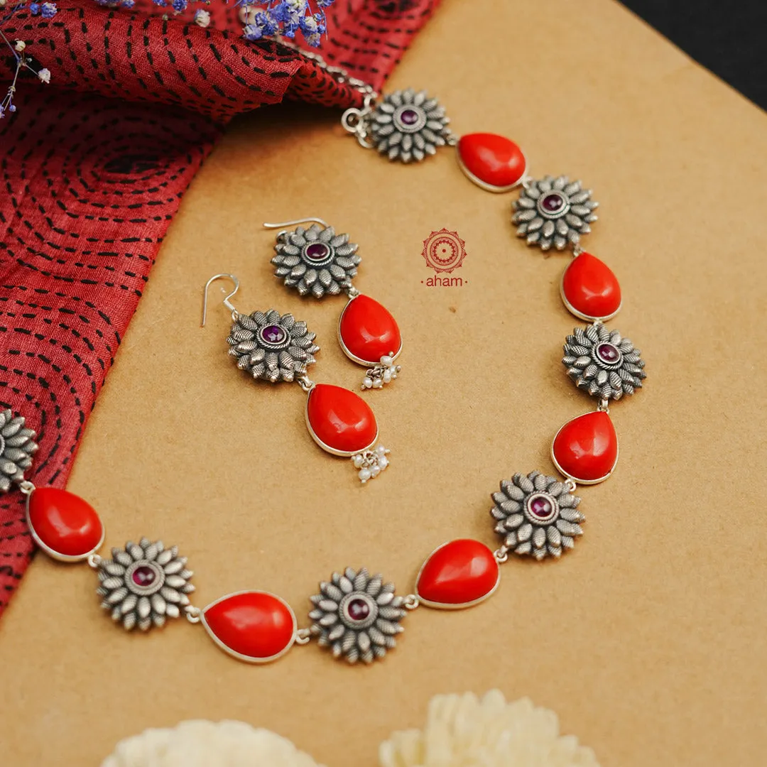 Nrityam Coral Silver Neckpiece Earrings Set