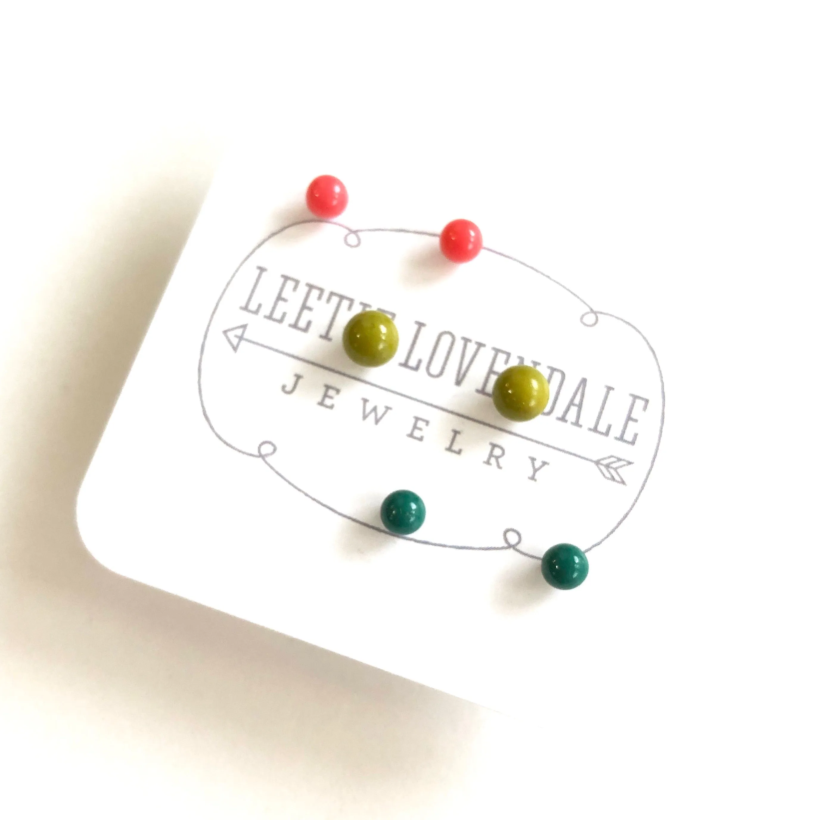 Olive Emerald & Coral Tiny Studs Set