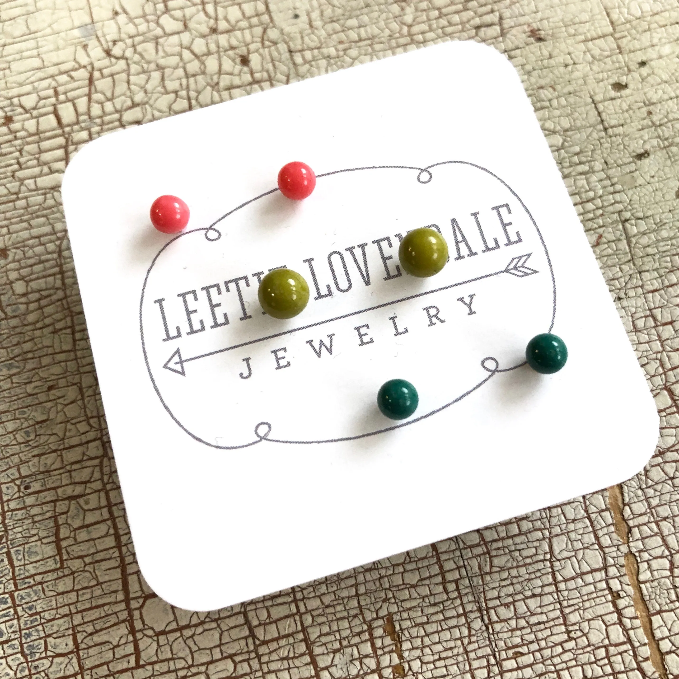 Olive Emerald & Coral Tiny Studs Set