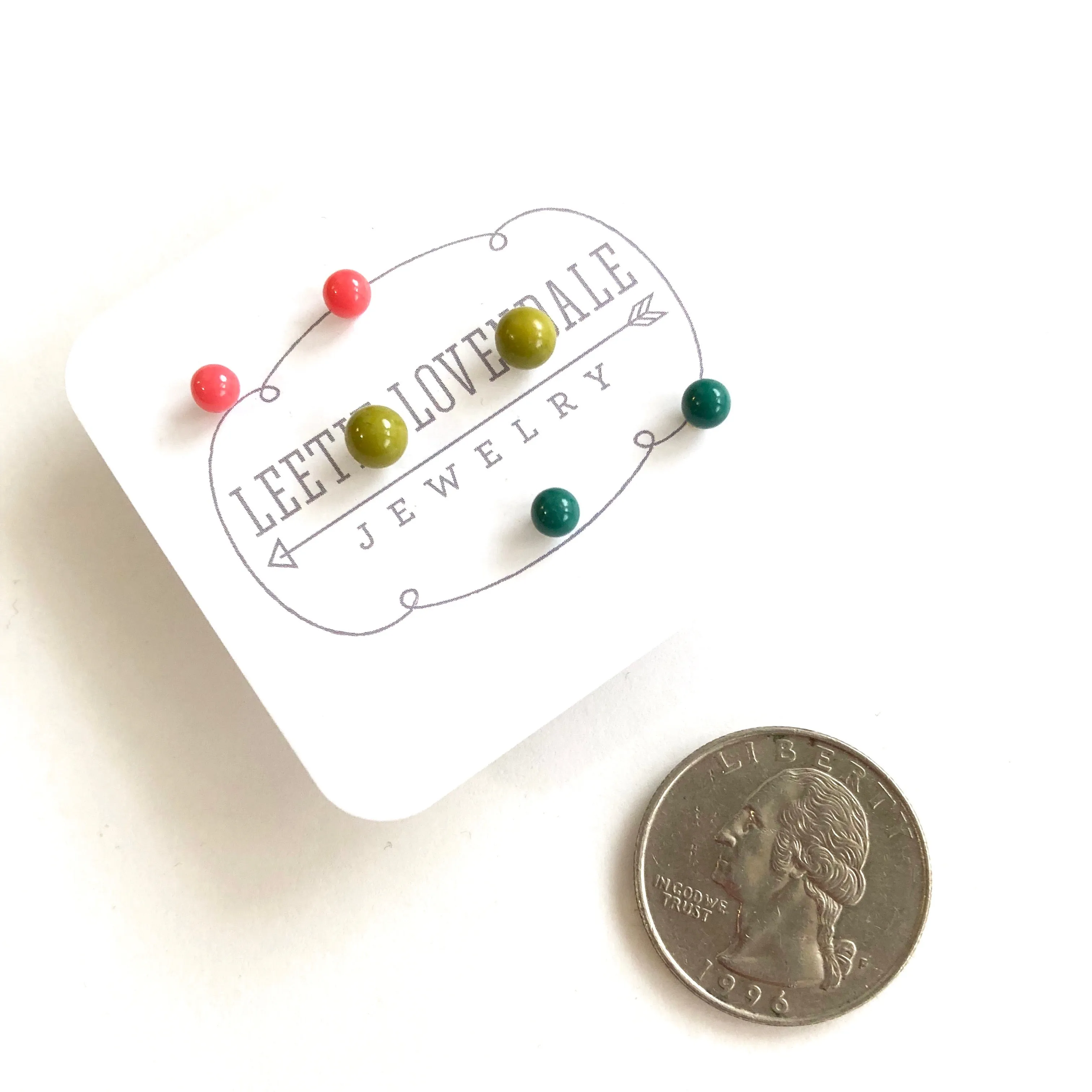 Olive Emerald & Coral Tiny Studs Set