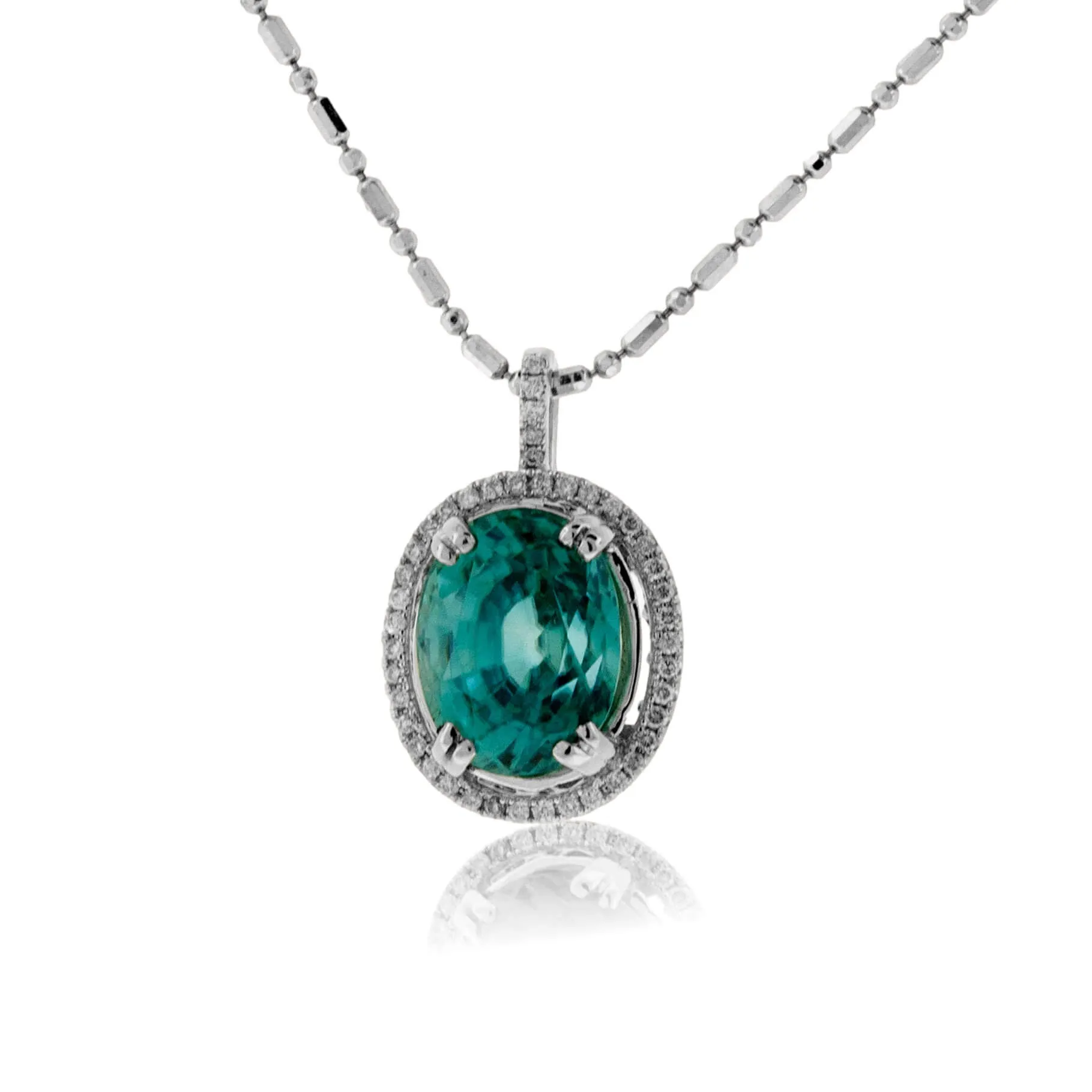 Oval Blue Zircon with Diamond Halo Pendant