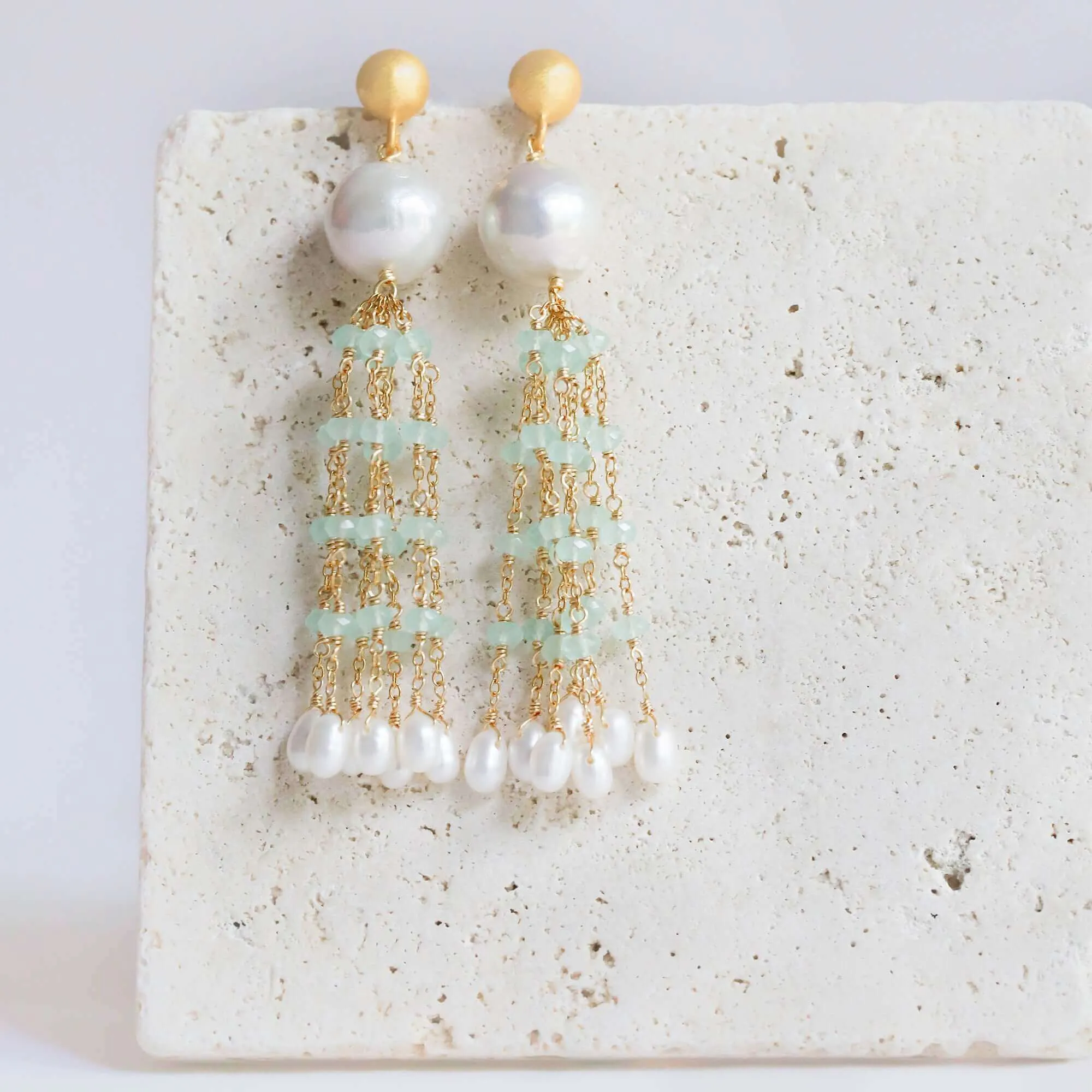 Pearl & Rose Quartz Tassel Earrings