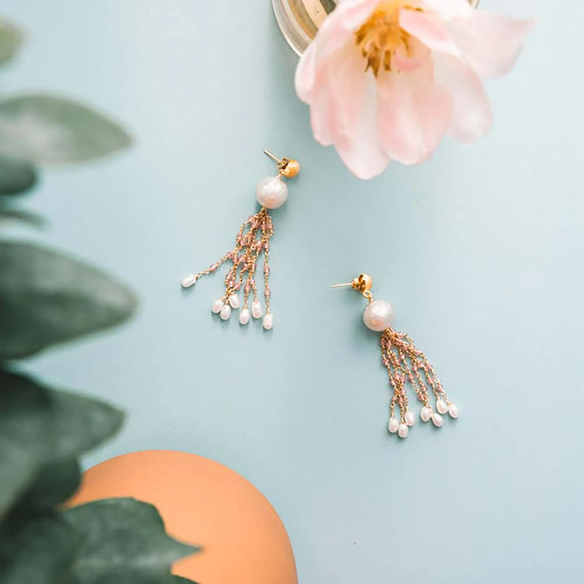 Pearl & Rose Quartz Tassel Earrings