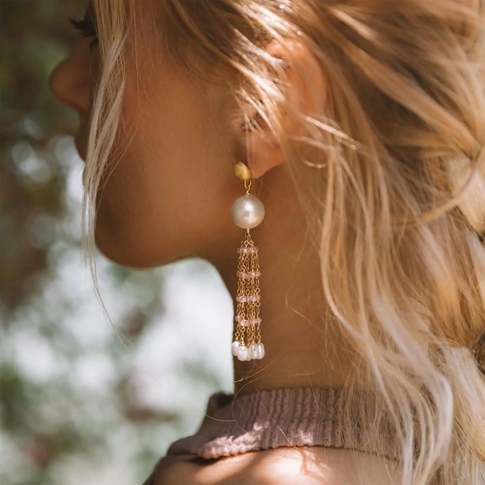 Pearl & Rose Quartz Tassel Earrings