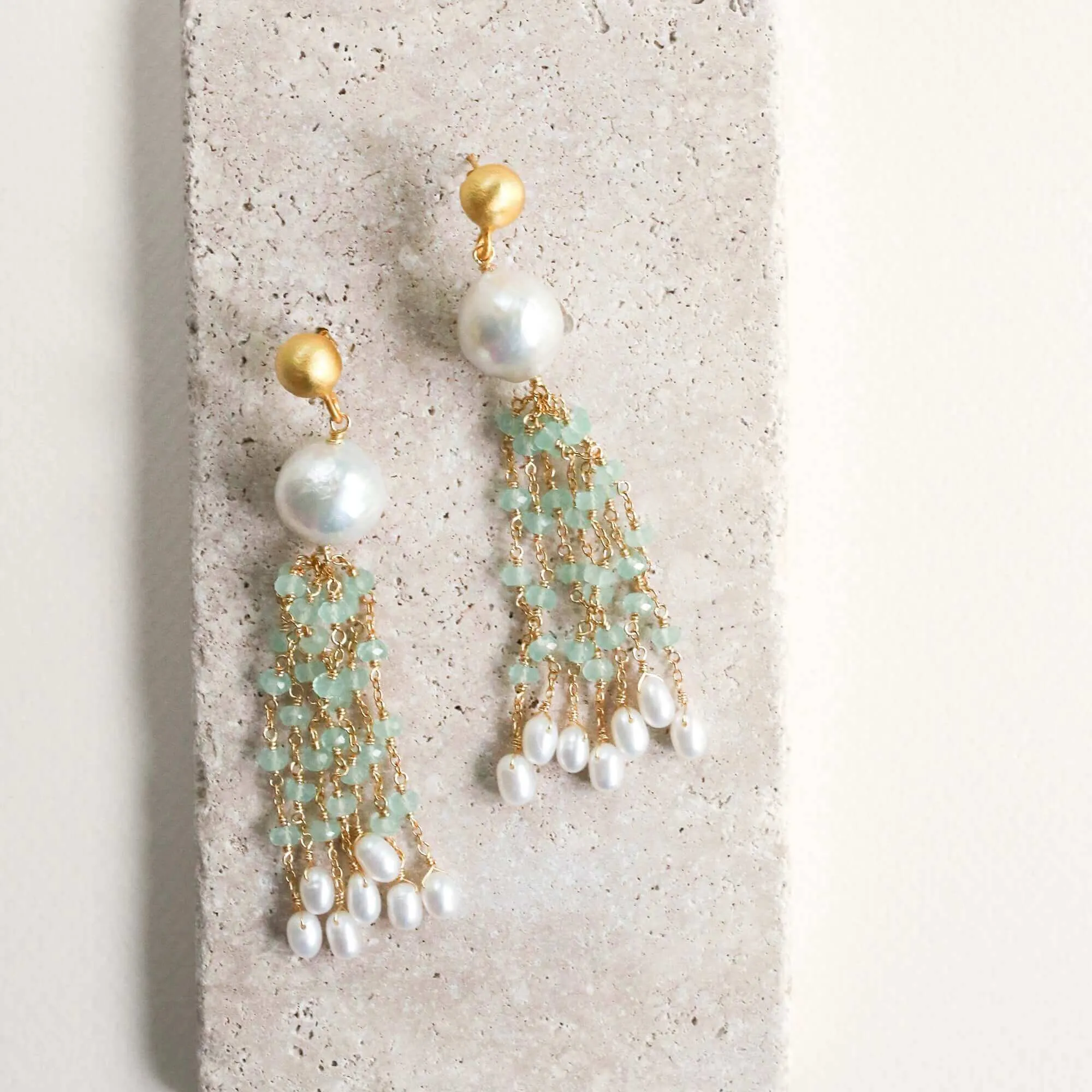 Pearl & Rose Quartz Tassel Earrings