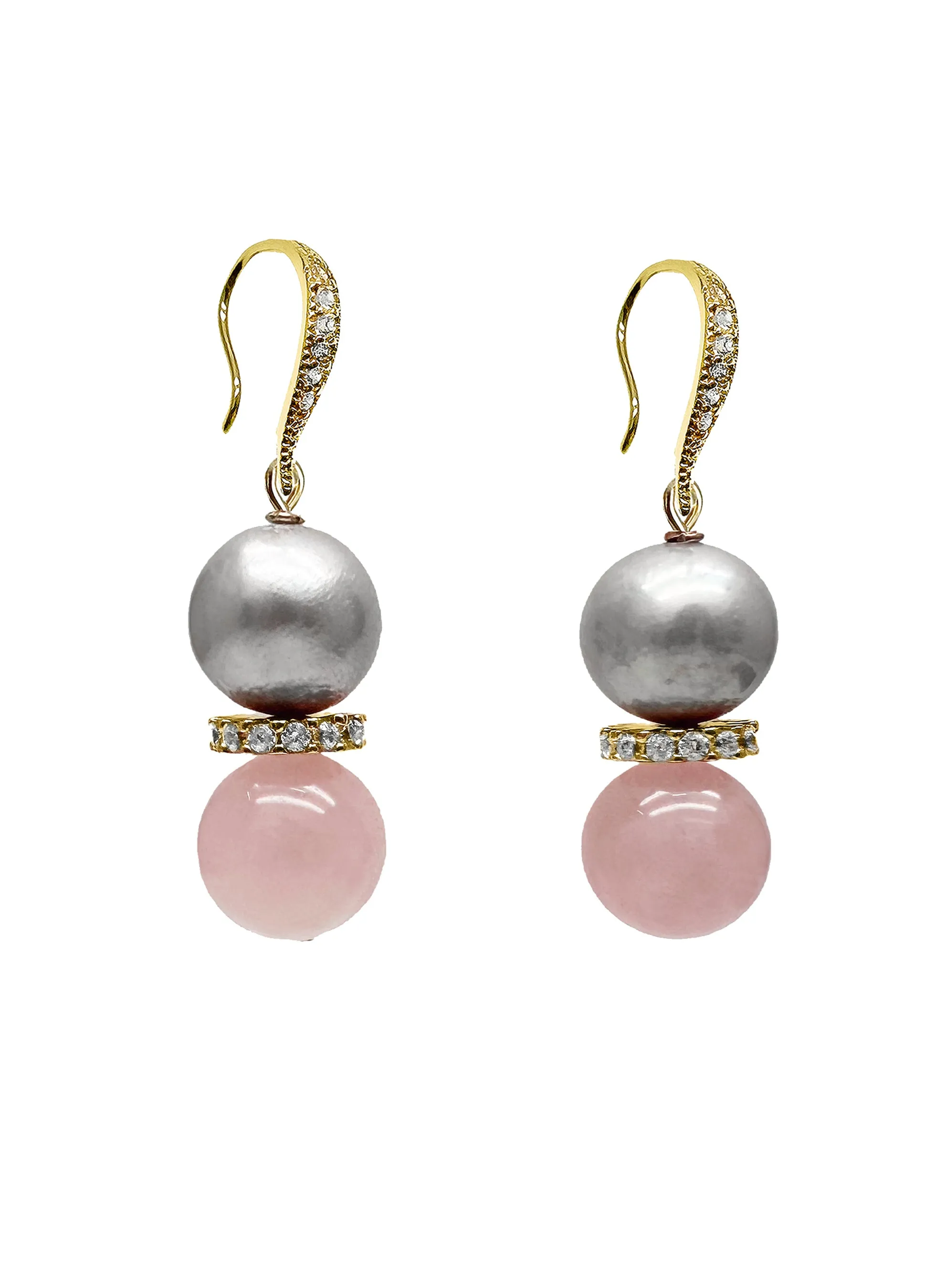 Pink Rose Quartz and Gray Freshwater Pearls Earrings LE004