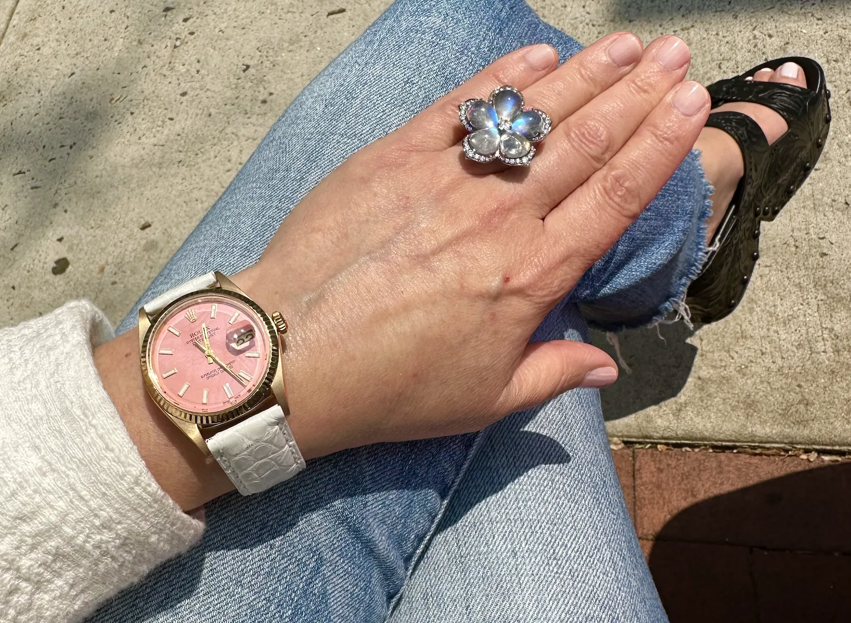 Platinum Flower Ring with Moonstone and Diamond Peridot