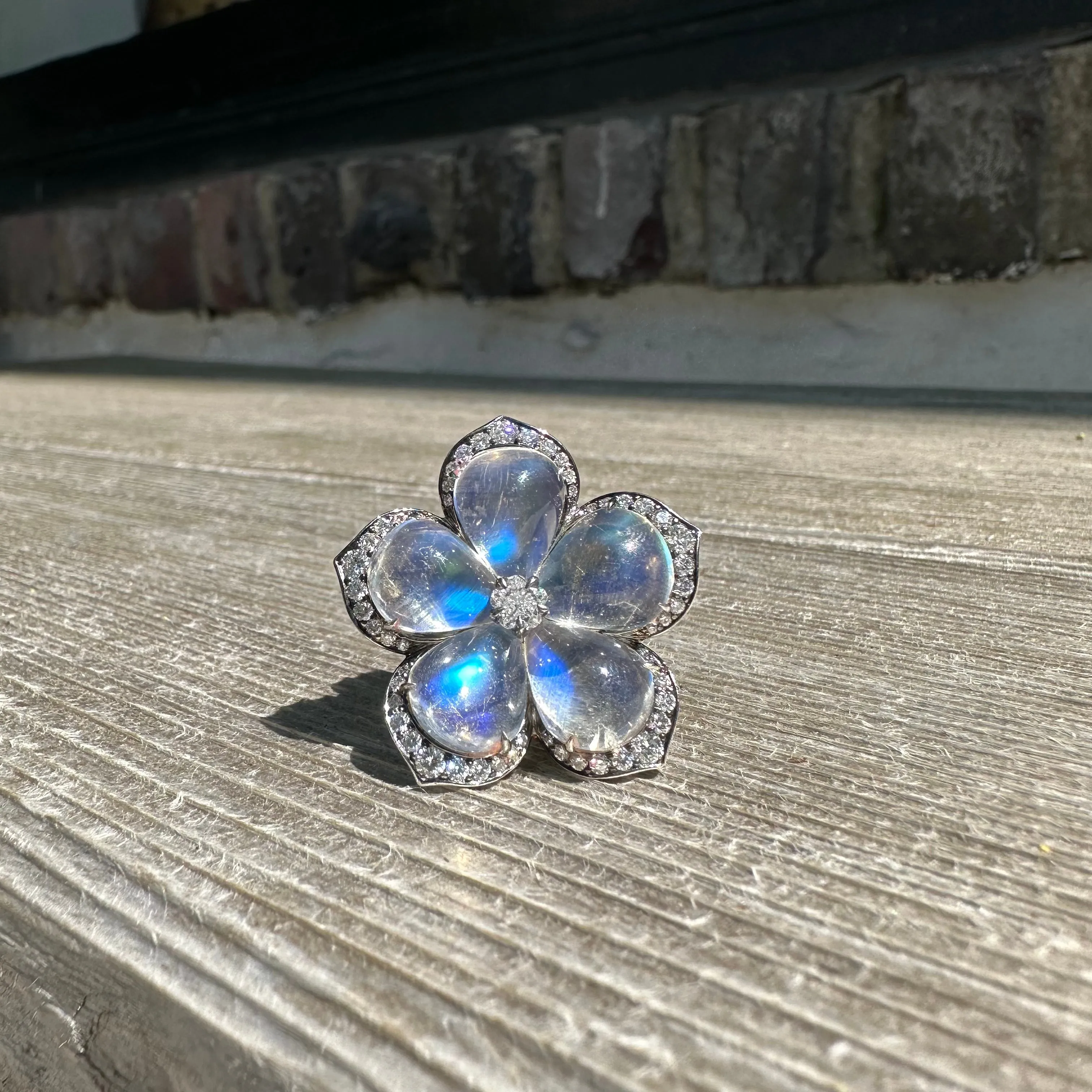 Platinum Flower Ring with Moonstone and Diamond Peridot