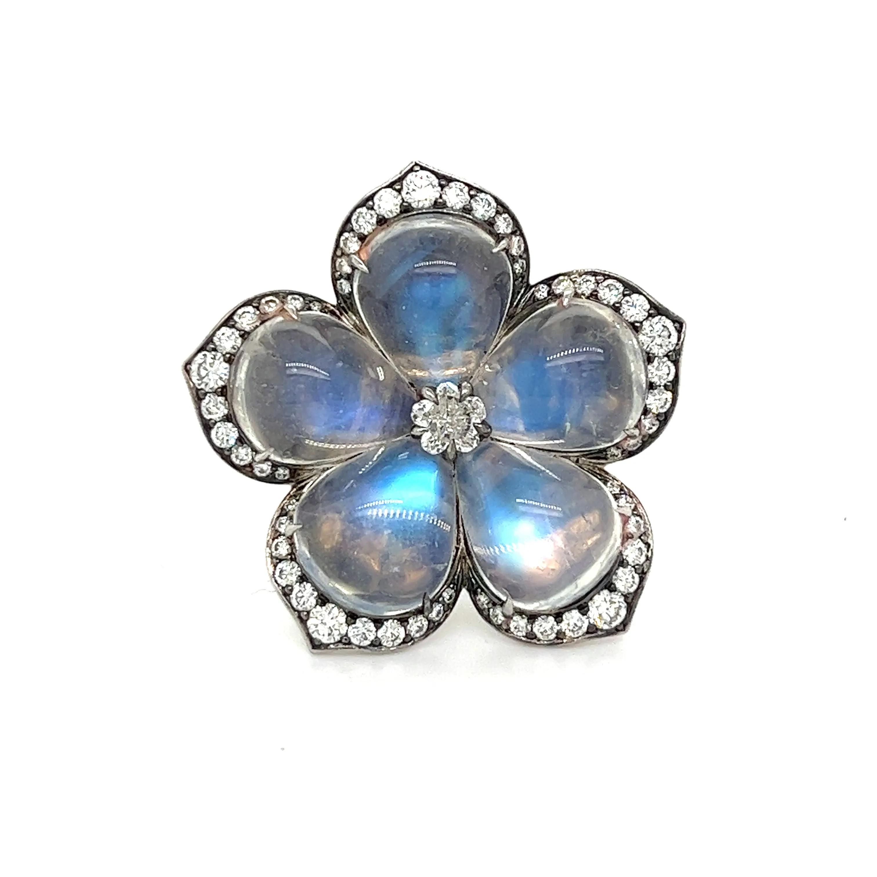 Platinum Flower Ring with Moonstone and Diamond Peridot