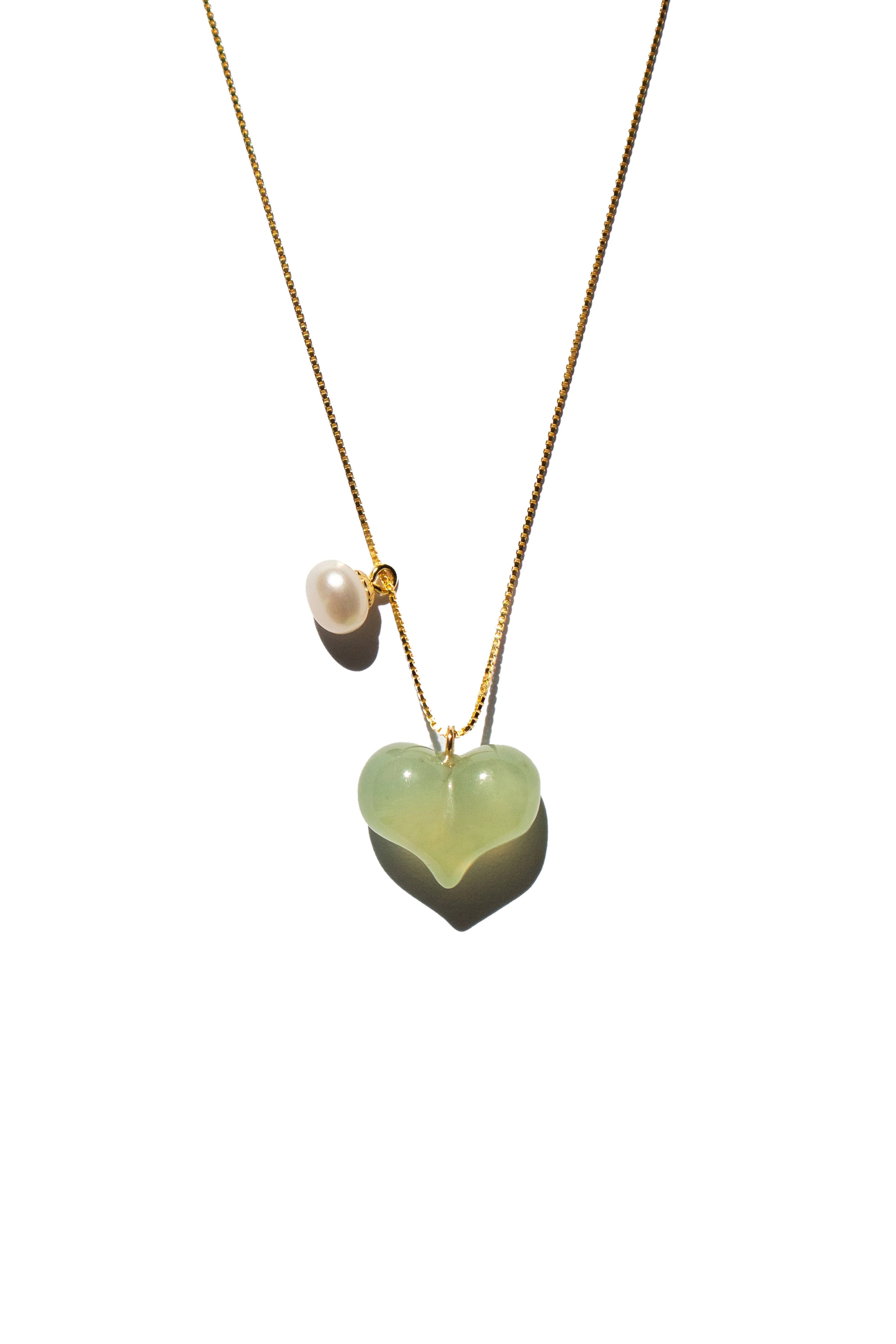 Puffed heart — Green jade & pearl pendant necklace