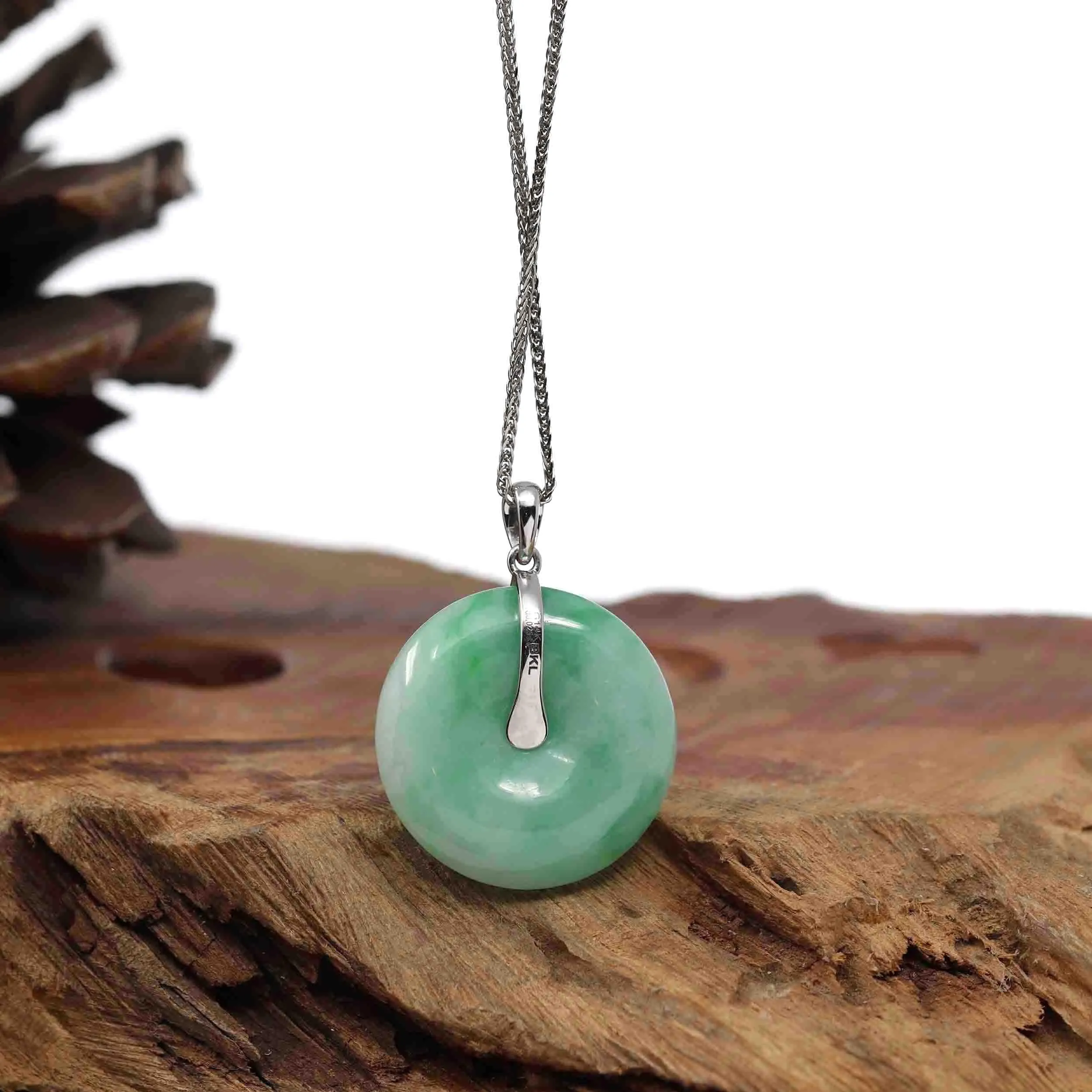 "Good Luck Button" Green Jadeite Jade Lucky KouKou Pendant With 14K White Gold Diamond Bail