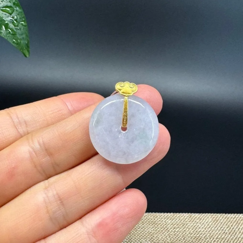 "Good Luck Button" Ice Jadeite Jade Lucky KouKou Pendant With 18K Yellow Gold Bail