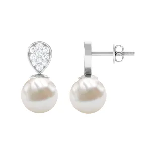 Real Freshwater Pearl and Diamond Minimal Drop Earrings