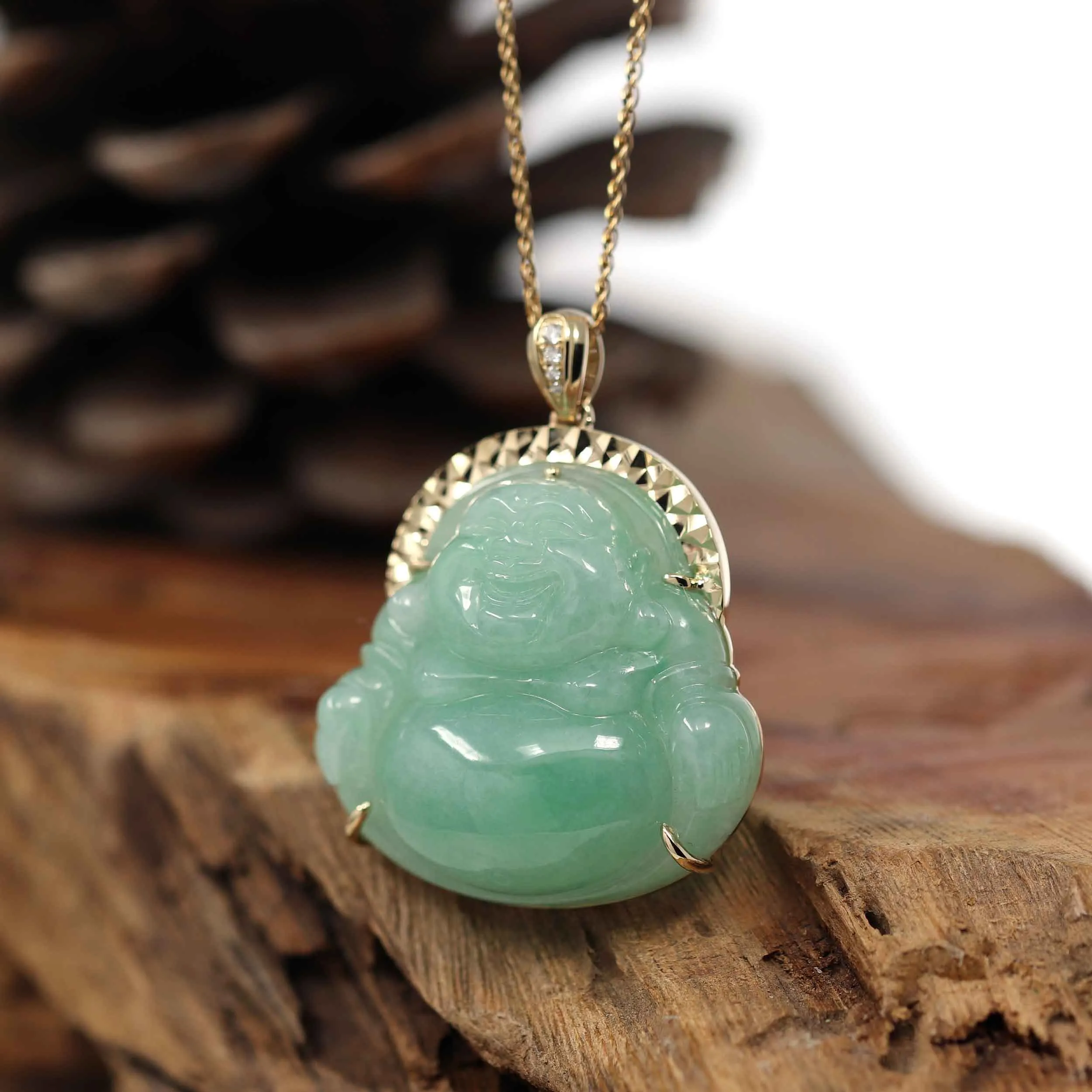 RealJade® Co. "Laughing Buddha" 14k Gold Genuine Green Jadeite Jade with VS1 Diamonds