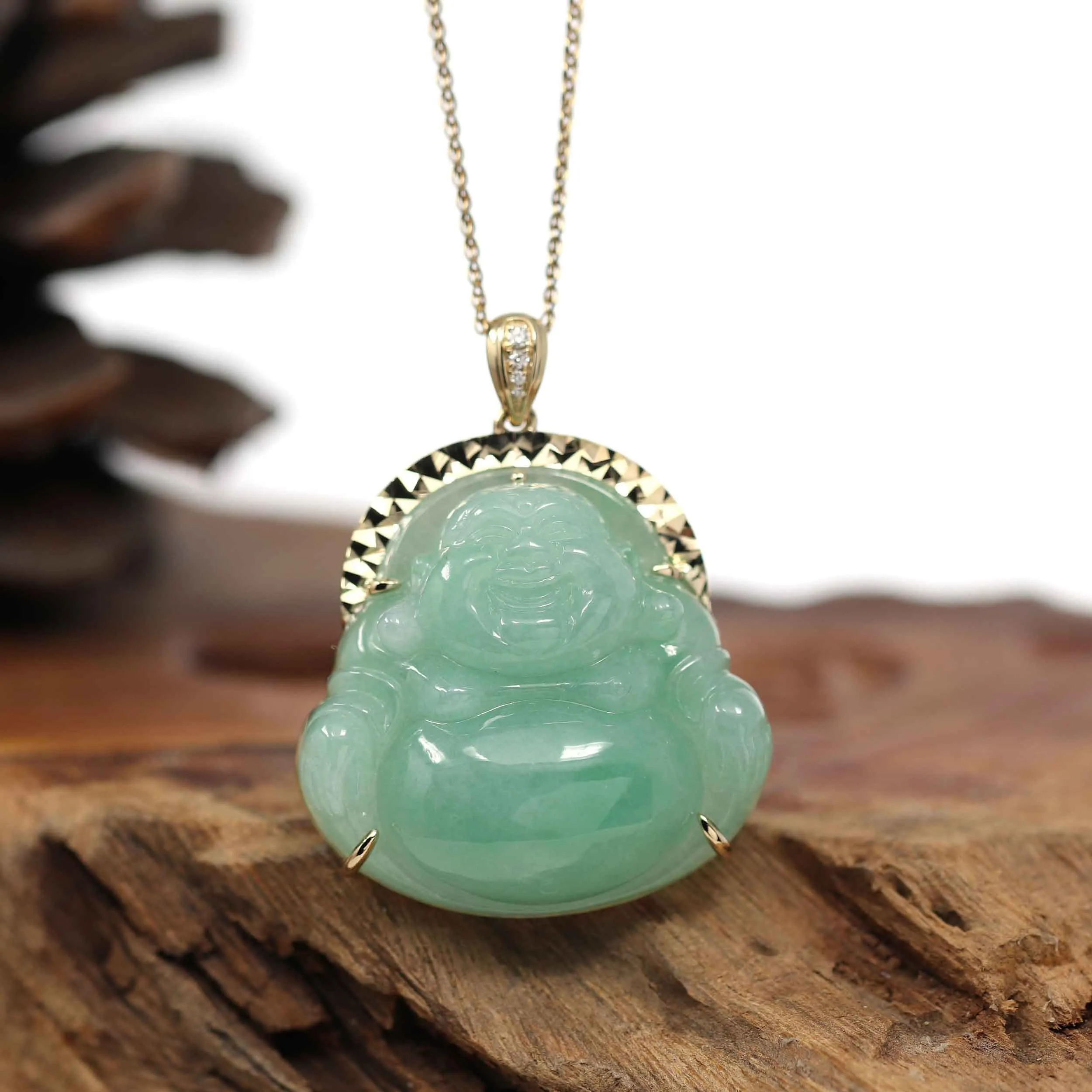 RealJade® Co. "Laughing Buddha" 14k Gold Genuine Green Jadeite Jade with VS1 Diamonds