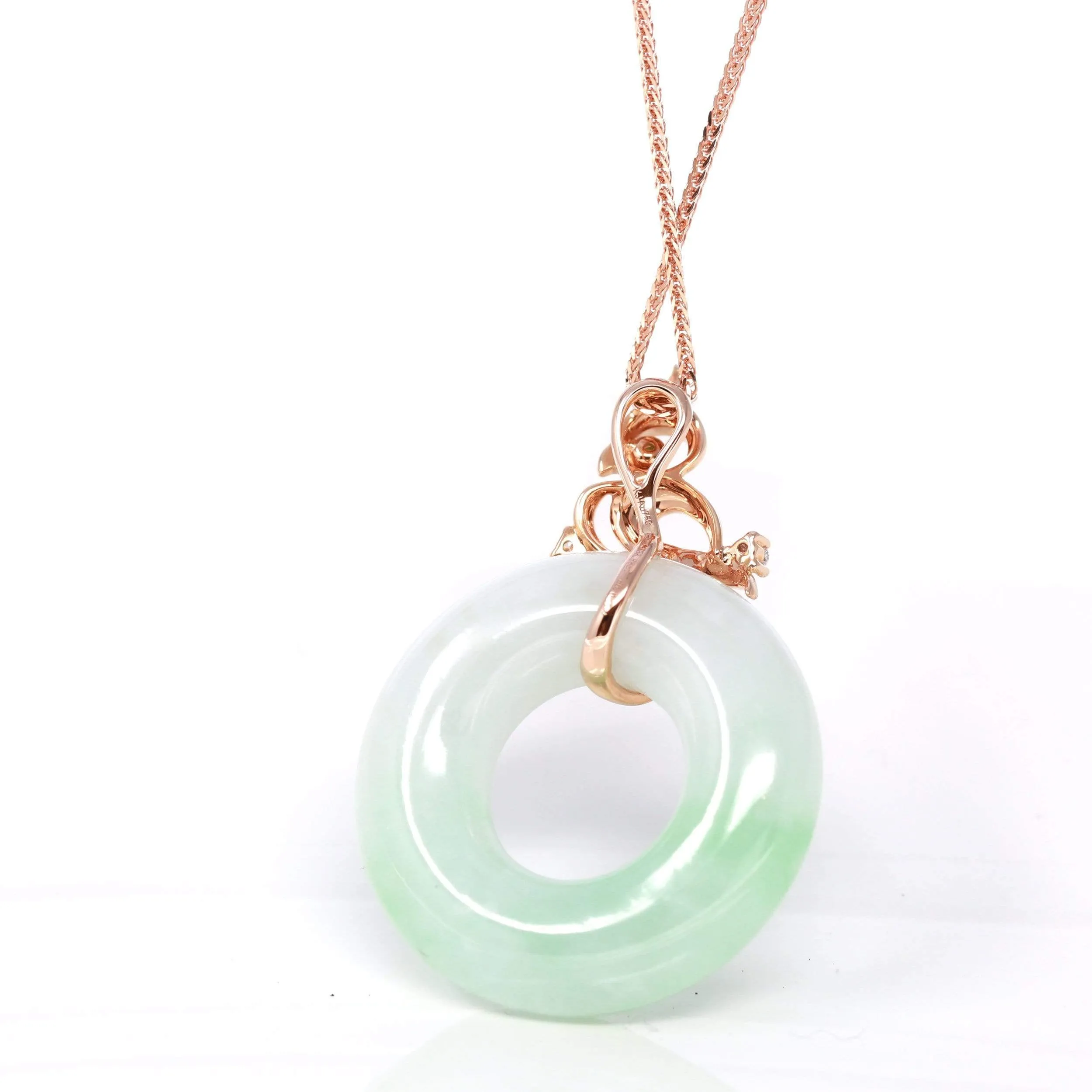 RealJade® "Good Luck Birdie" 18k Rose Gold Genuine Burmese Jadeite Lucky Pendant Necklace With AA Tourmaline & Diamonds