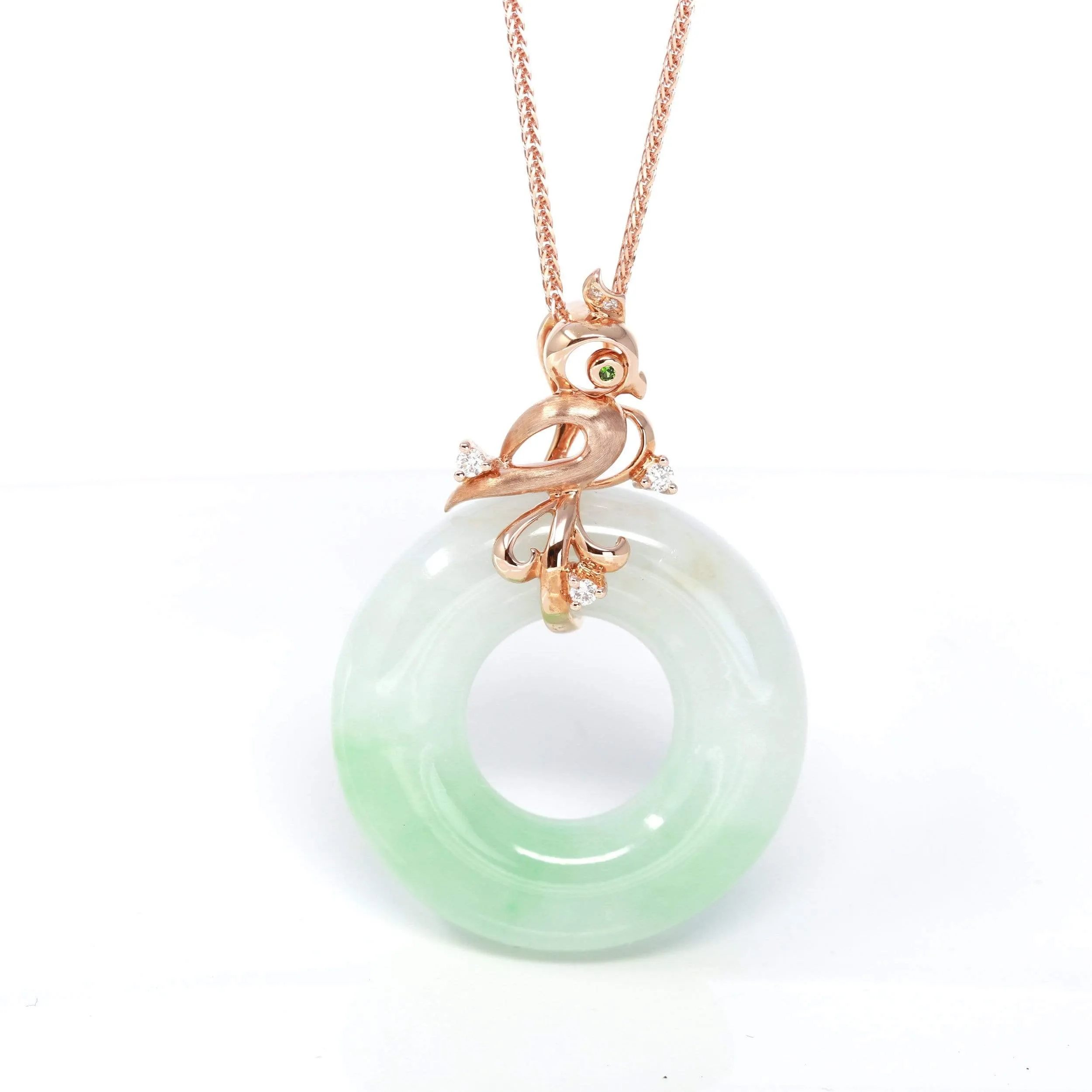 RealJade® "Good Luck Birdie" 18k Rose Gold Genuine Burmese Jadeite Lucky Pendant Necklace With AA Tourmaline & Diamonds