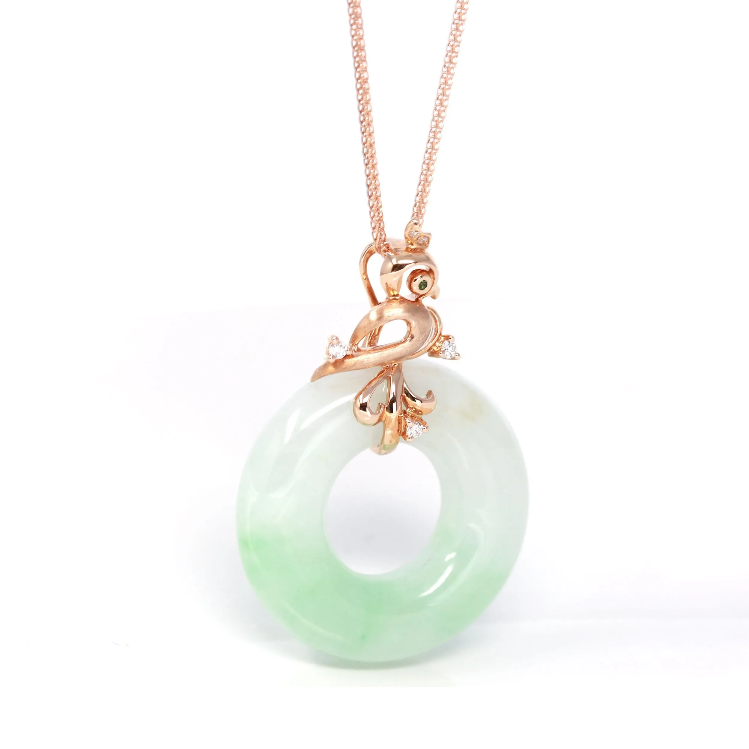 RealJade® "Good Luck Birdie" 18k Rose Gold Genuine Burmese Jadeite Lucky Pendant Necklace With AA Tourmaline & Diamonds