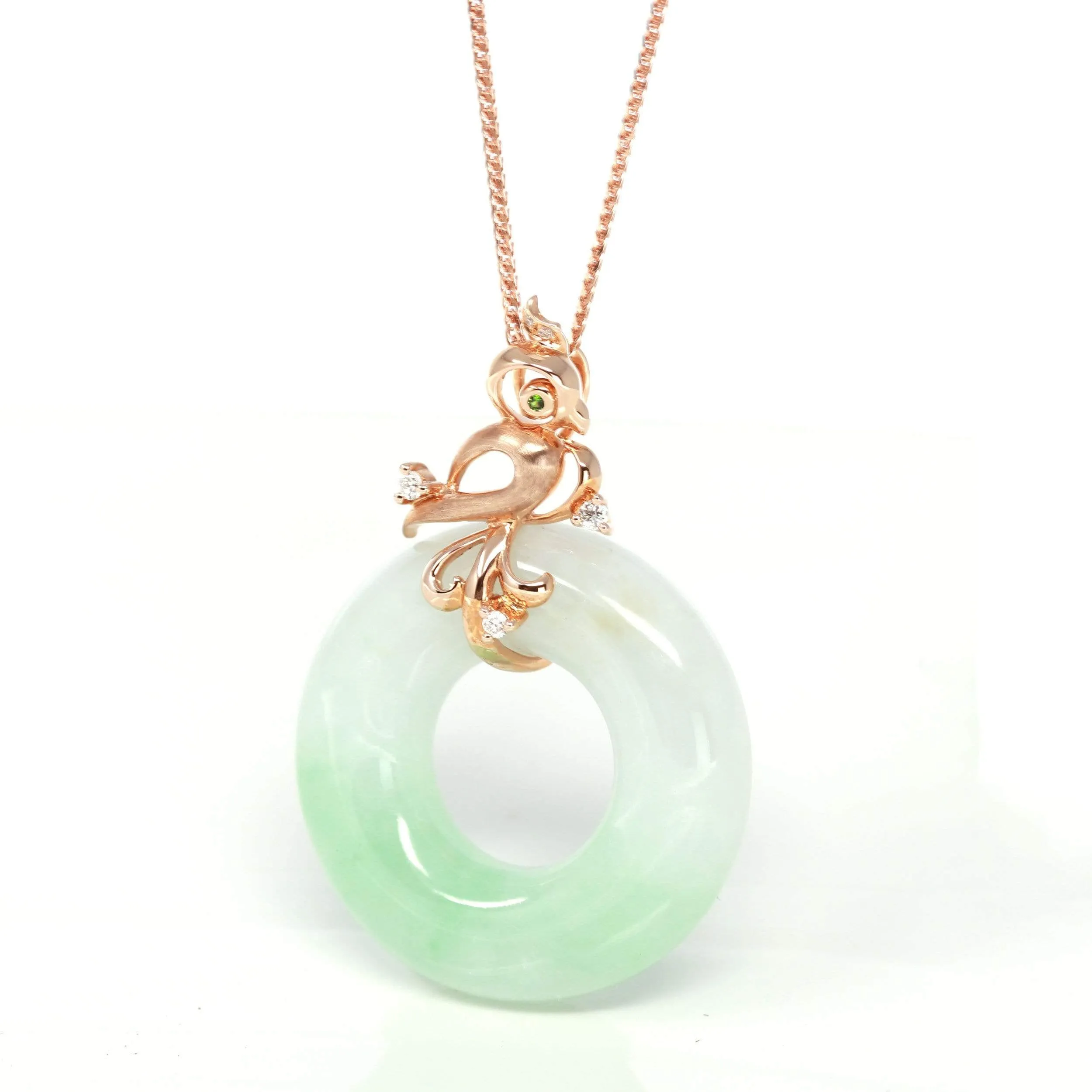 RealJade® "Good Luck Birdie" 18k Rose Gold Genuine Burmese Jadeite Lucky Pendant Necklace With AA Tourmaline & Diamonds