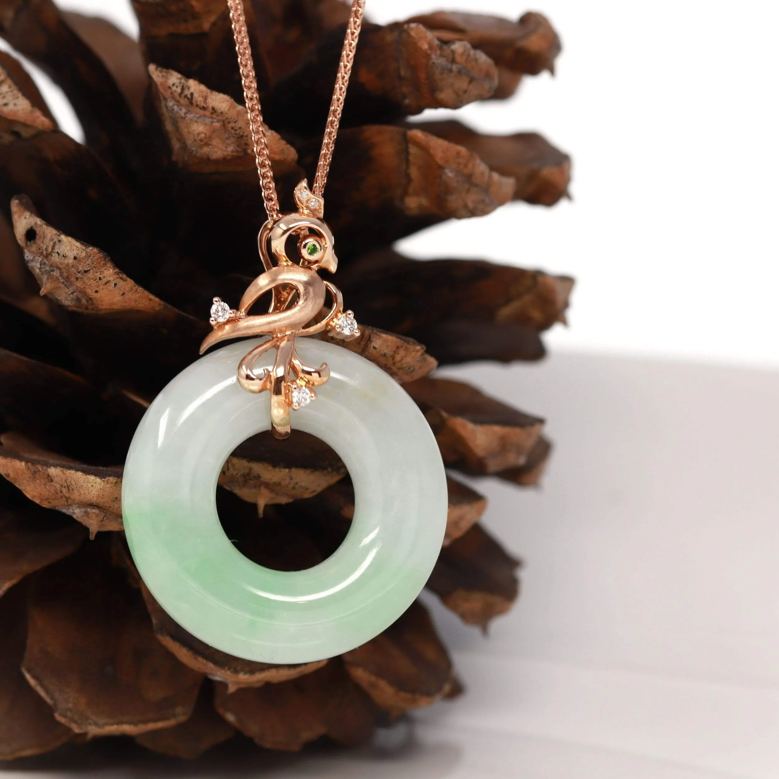 RealJade® "Good Luck Birdie" 18k Rose Gold Genuine Burmese Jadeite Lucky Pendant Necklace With AA Tourmaline & Diamonds