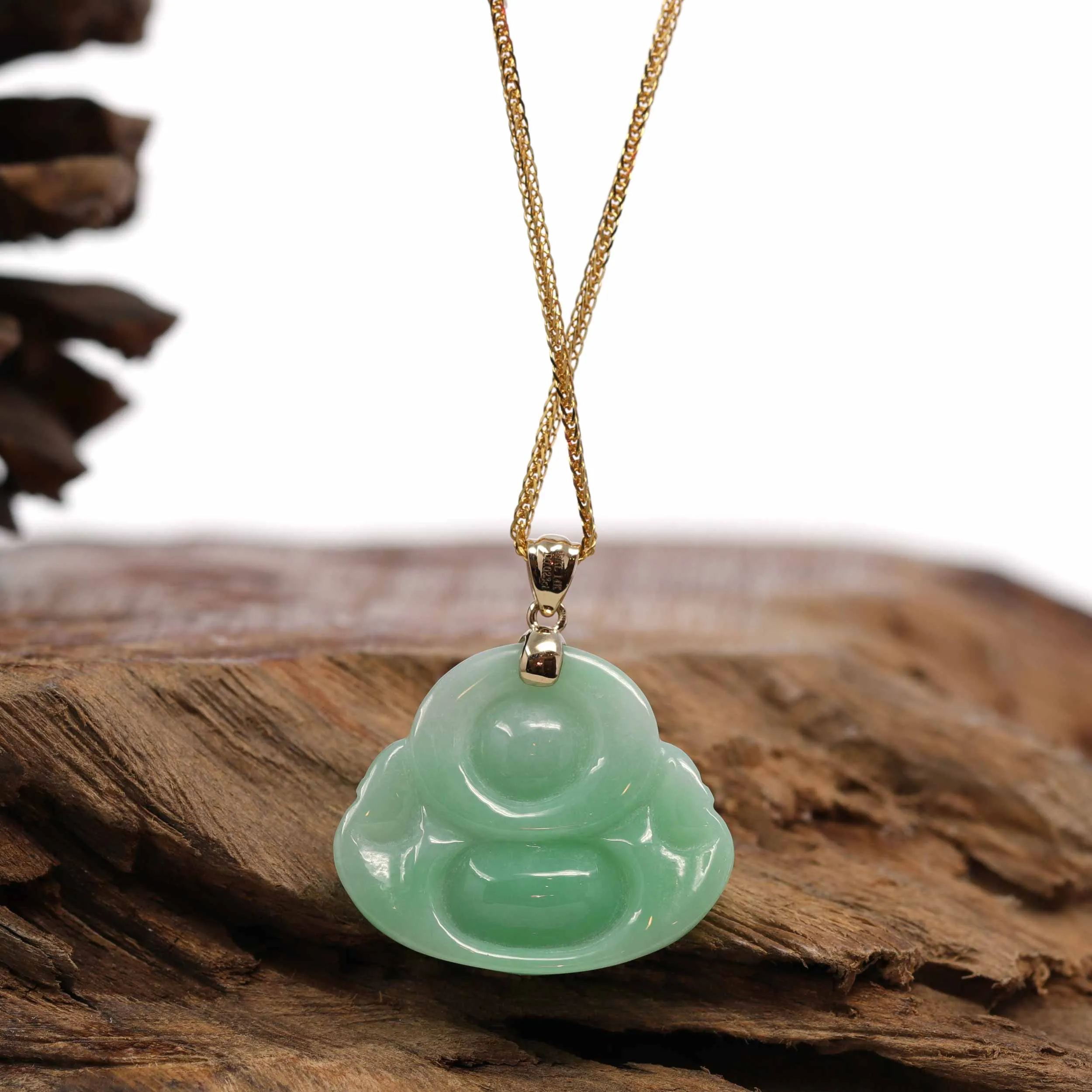 RealJade® "Laughing Buddha" Genuine Vibrant Green Jadeite Buddha Pendant Necklace With 14k Yellow Gold Diamond  Bail