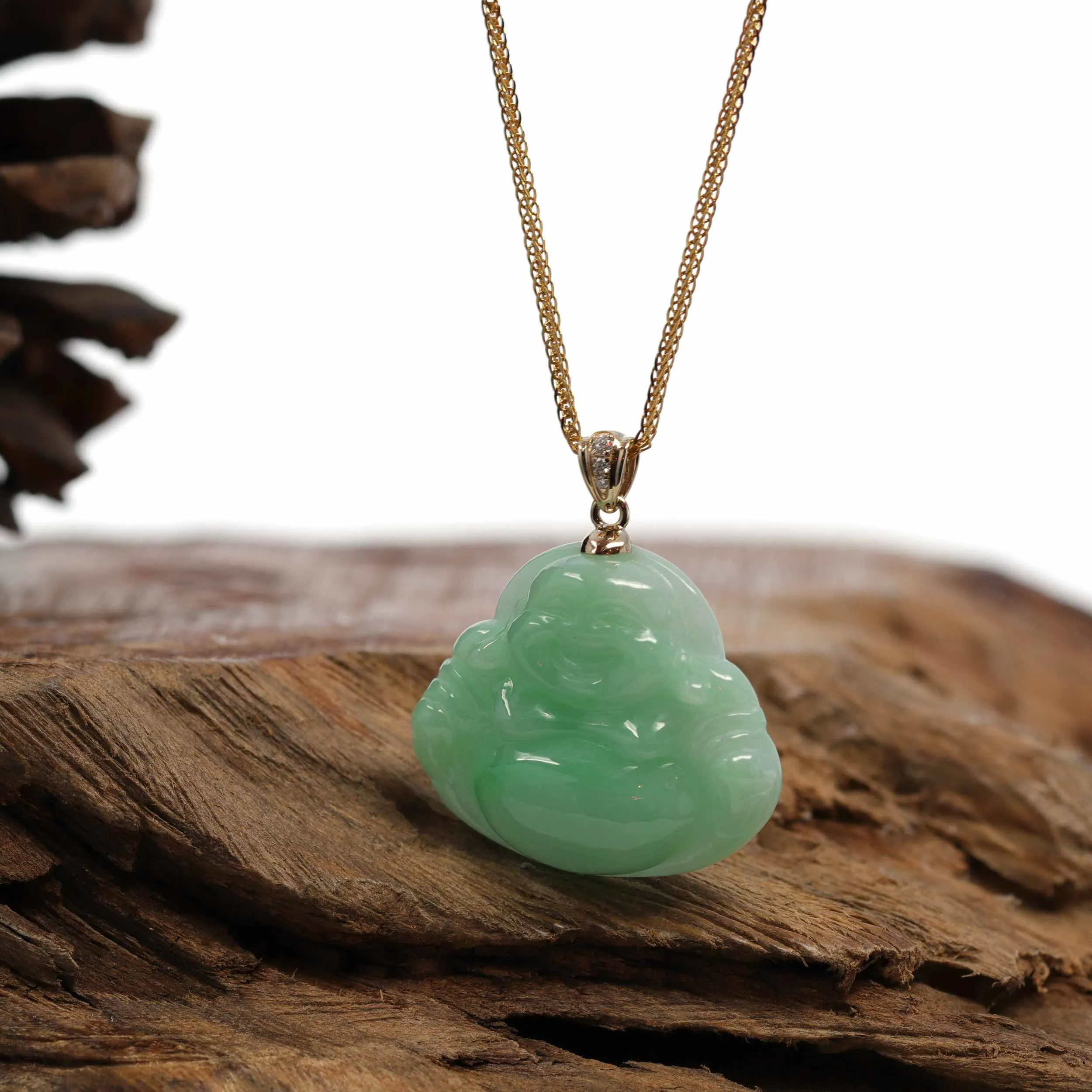 RealJade® "Laughing Buddha" Genuine Vibrant Green Jadeite Buddha Pendant Necklace With 14k Yellow Gold Diamond  Bail