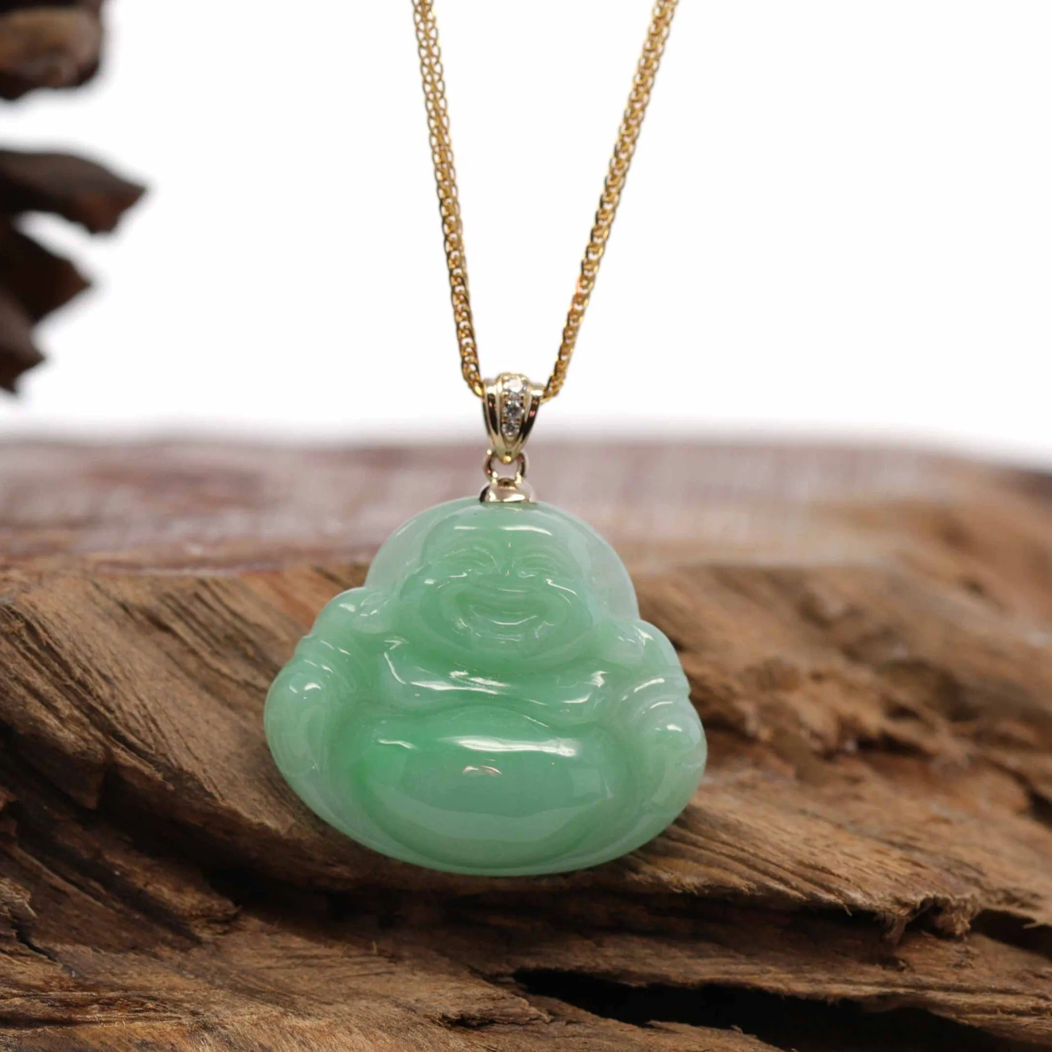 RealJade® "Laughing Buddha" Genuine Vibrant Green Jadeite Buddha Pendant Necklace With 14k Yellow Gold Diamond  Bail