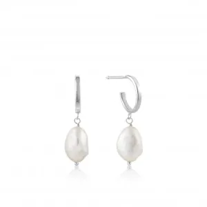 Rhodium Pearl Mini Hoop Earrings E019-02H