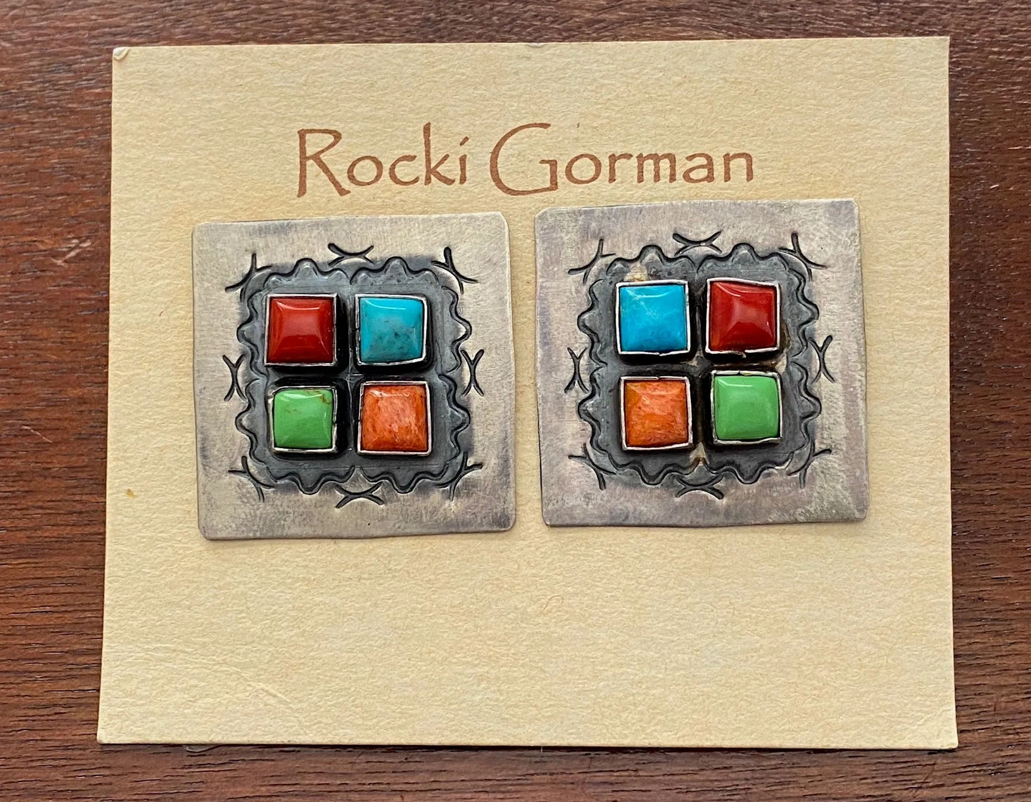 Rocki Gorman Sterling Silver 925 Turquoise Red Coral Pierced Earrings