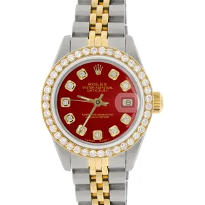 Rolex Datejust Ladies 2-Tone Gold/Steel 26mm Watch w/Red Dial &amp; Diamond Bezel TFJ-142508133