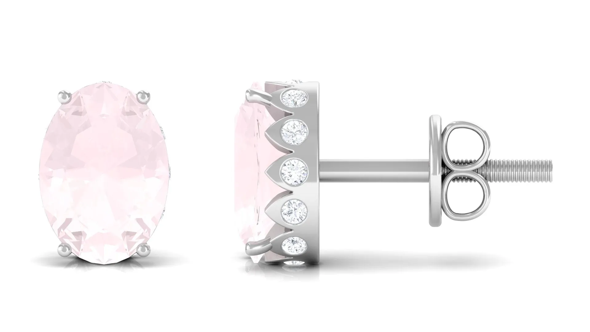 Rose Quartz Oval Stud Earrings with Diamond