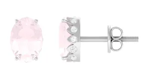 Rose Quartz Oval Stud Earrings with Diamond