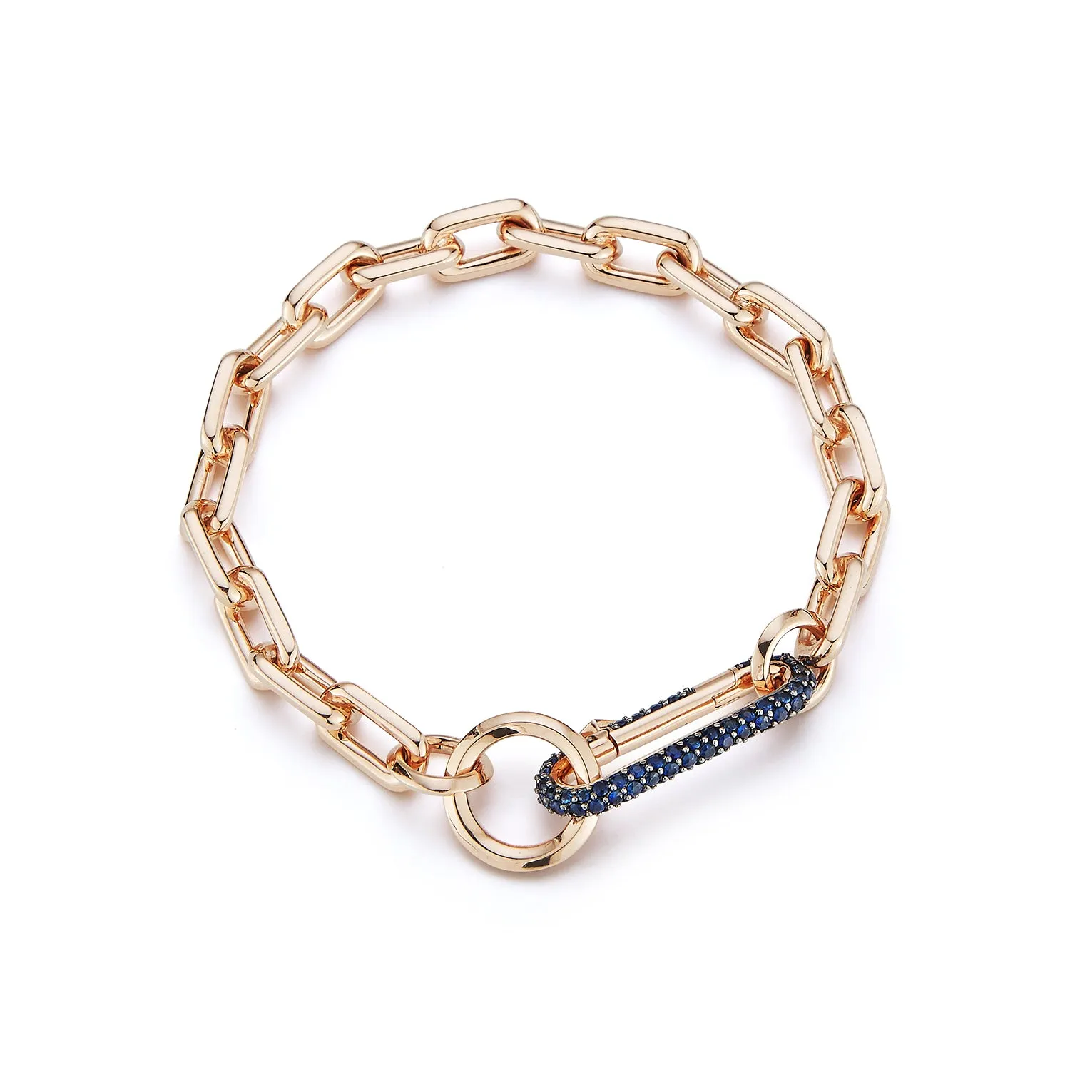 SAXON 18K GOLD CHAIN LINK BRACELET WITH ELONGATED BLUE SAPPHIRE LINK CLASP