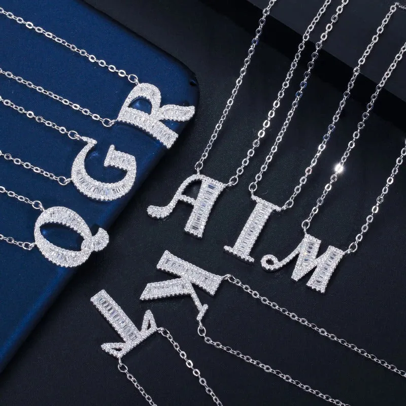 Shimmering Zircon Encrusted Personalized A-Z Initial Letter Pendant Necklaces