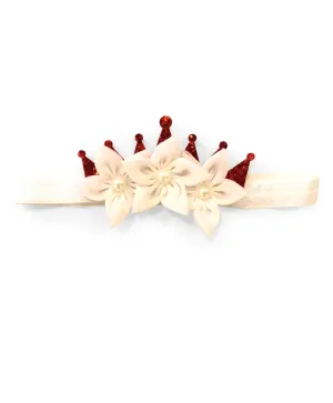 Shimmery Crown & Flower Elasticated Headband - Red & White