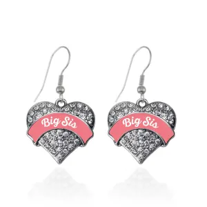 Silver Coral Big Sister Pave Heart Charm Dangle Earrings