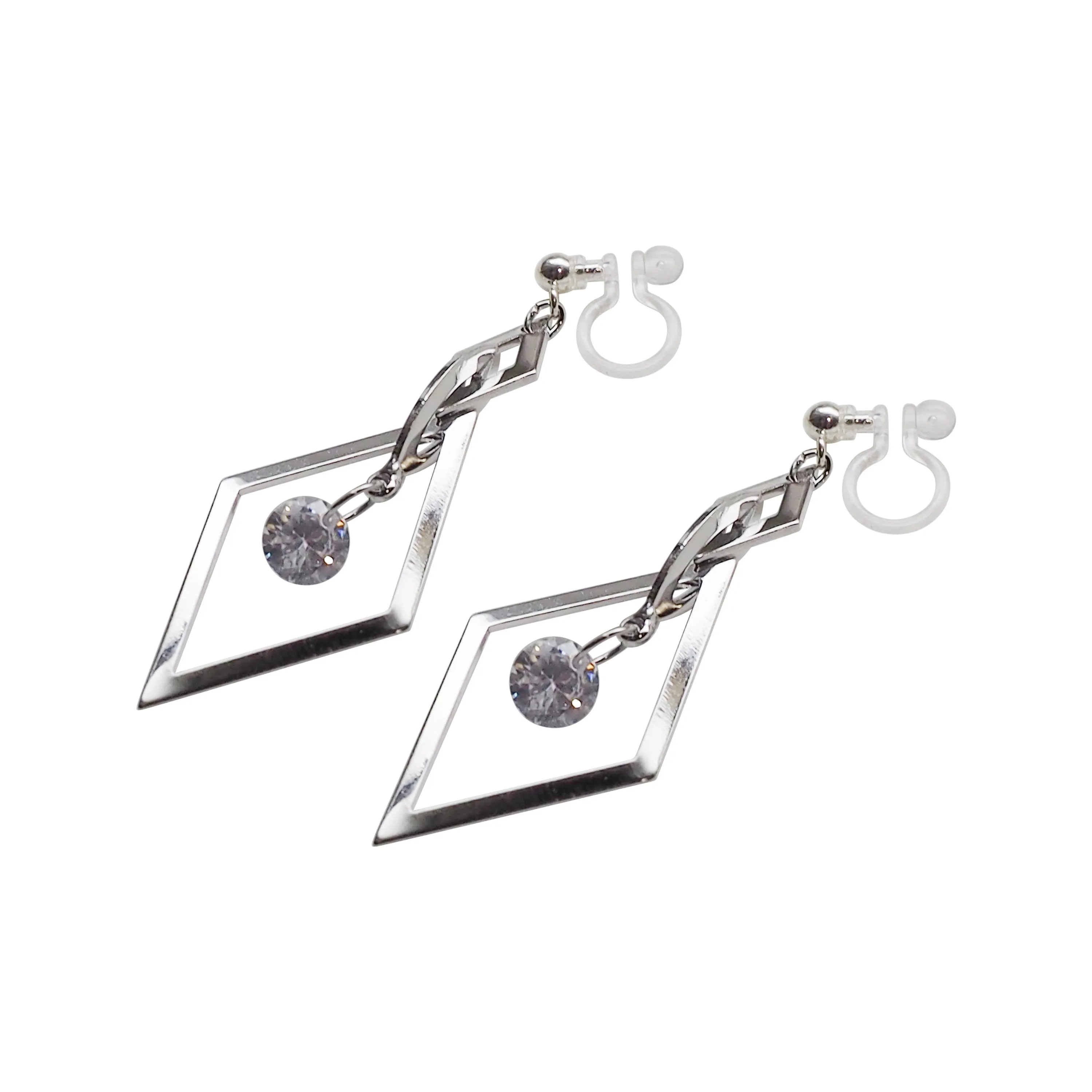 Silver diamond shape hoop cubic zirconia crystal dangle invisible clip on earrings