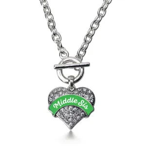 Silver Emerald Green Middle Sister Pave Heart Charm Toggle Necklace