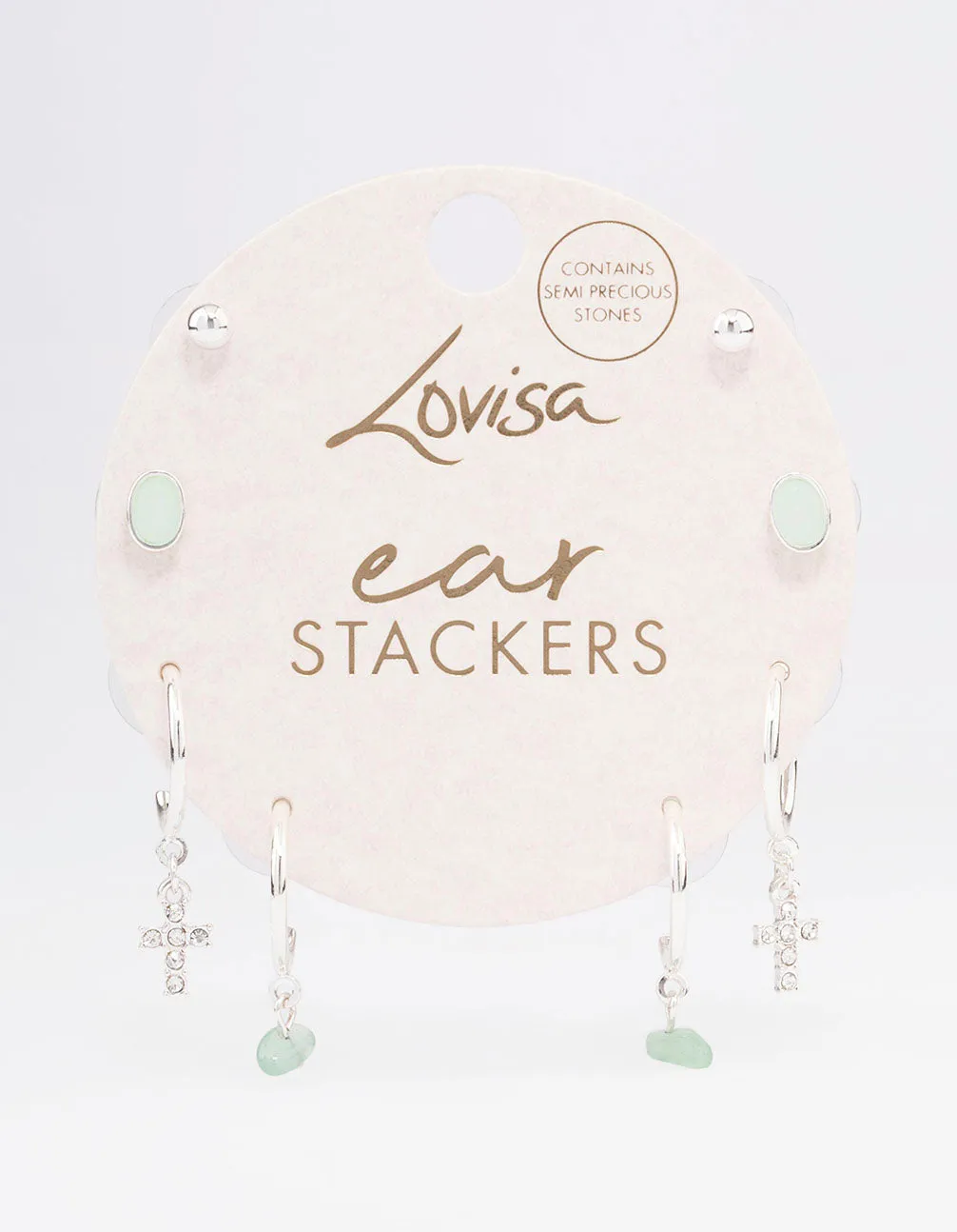 Silver Green Fluroite Diamante Cross Stacker Earrings