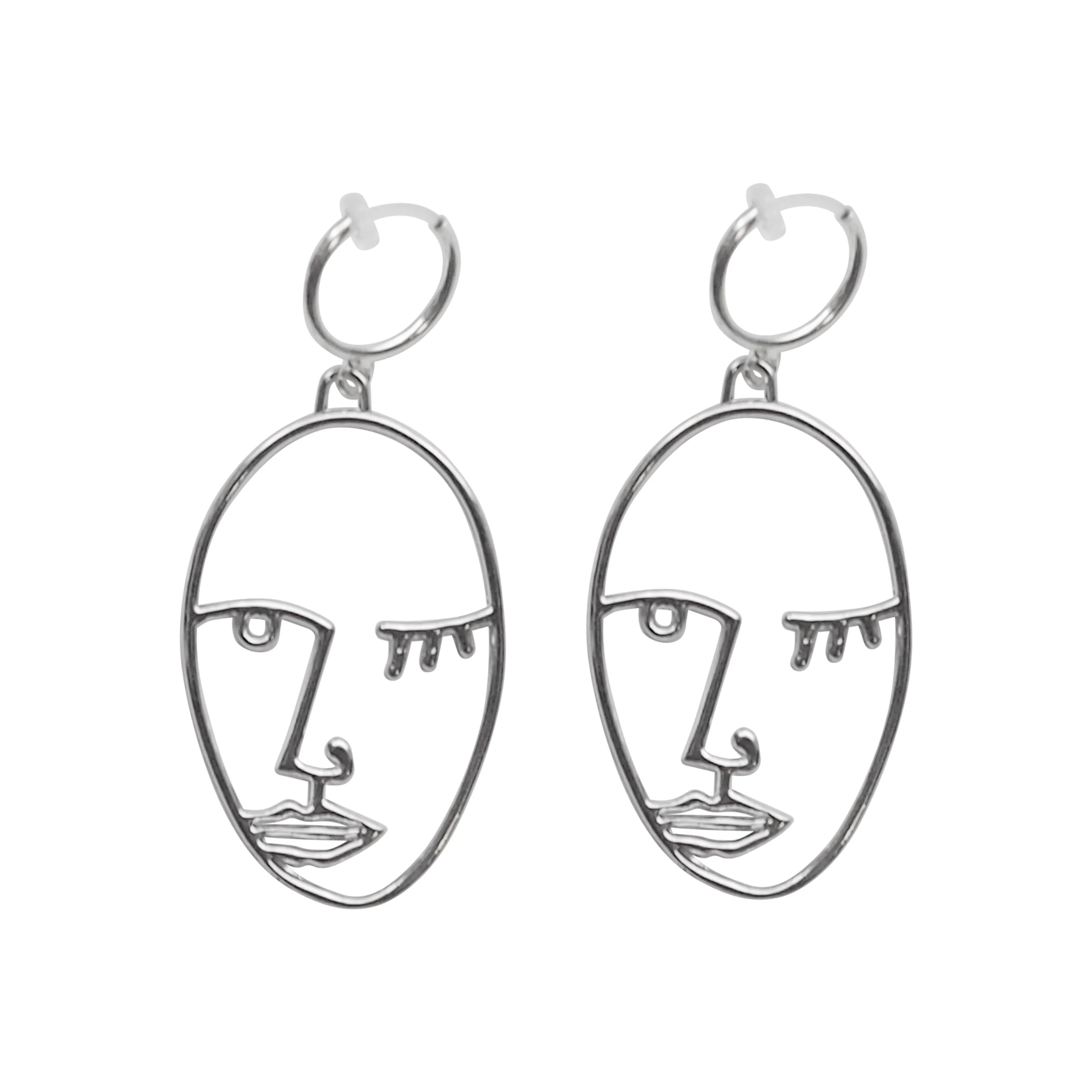 Silver Picasso human face clip on hoop earrings