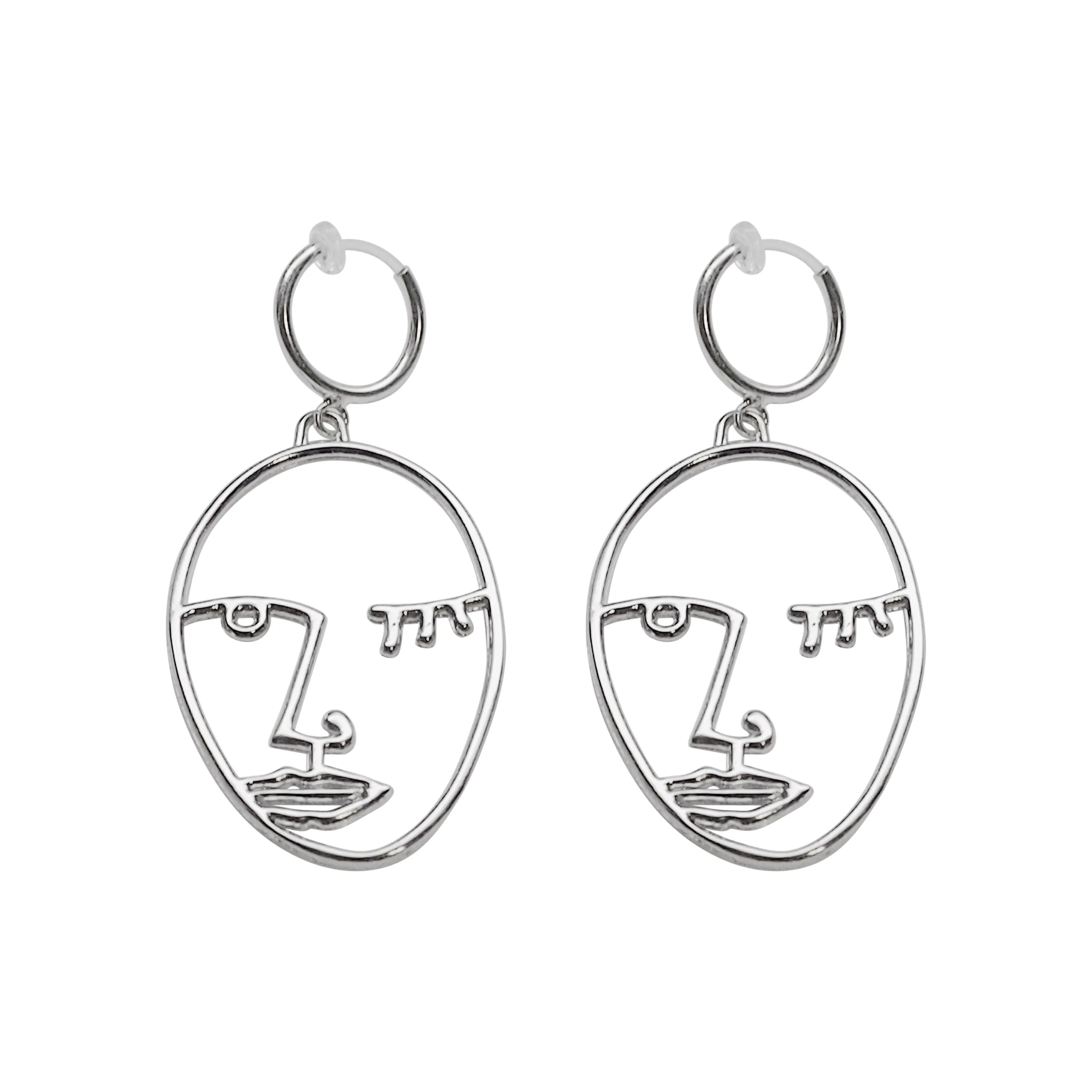 Silver Picasso human face clip on hoop earrings