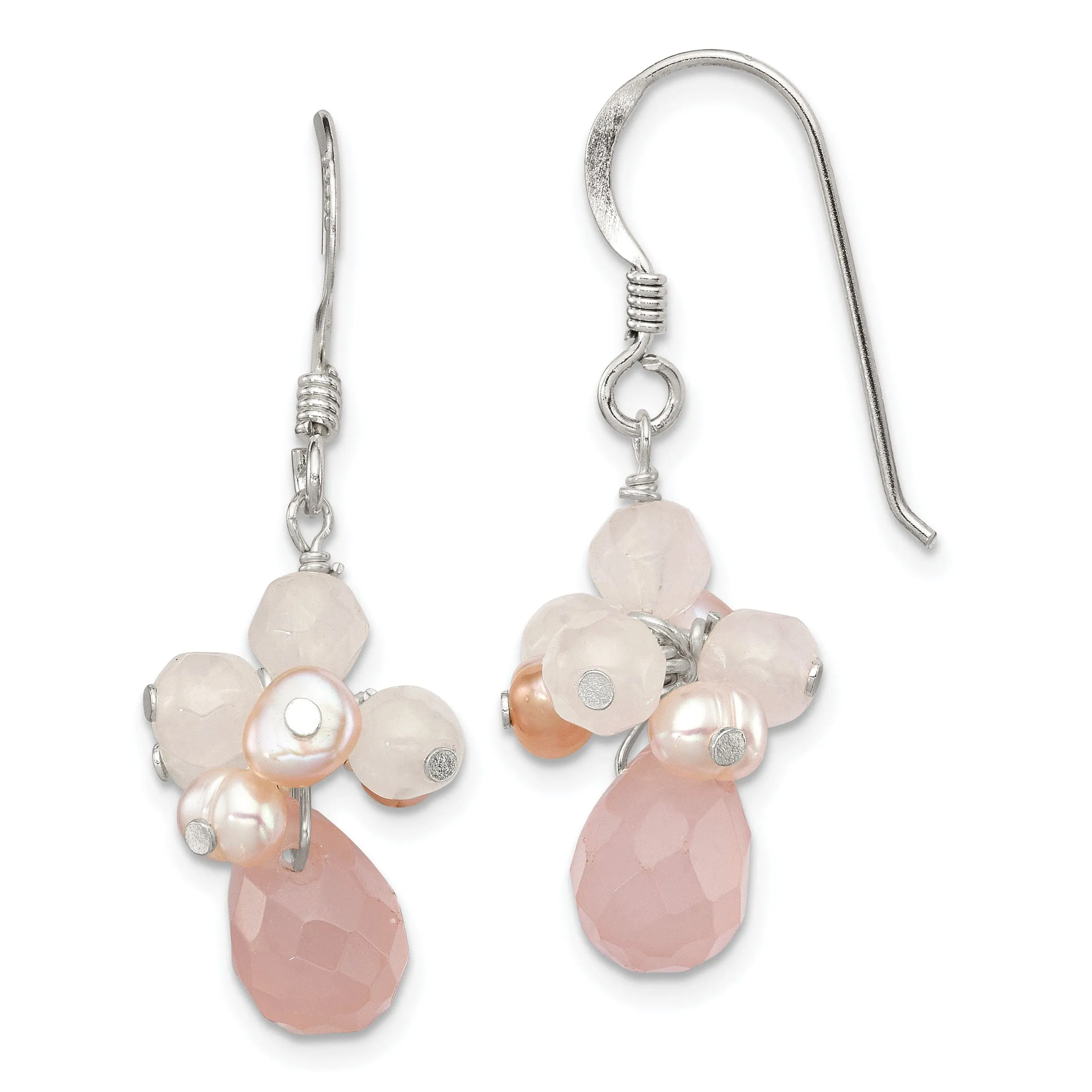 Silver Rose Quartz Pink Pearl Dangle Earrings