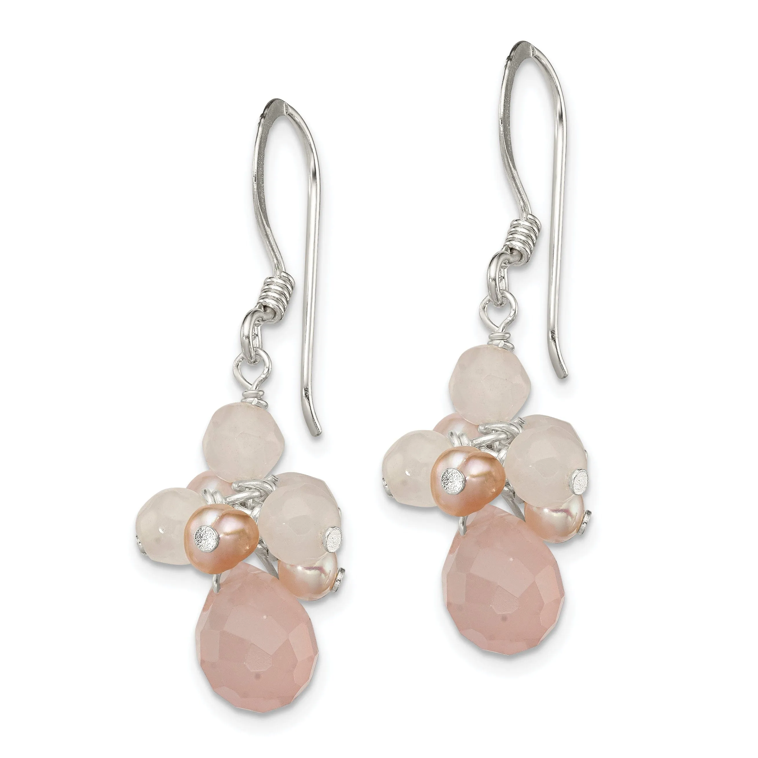 Silver Rose Quartz Pink Pearl Dangle Earrings