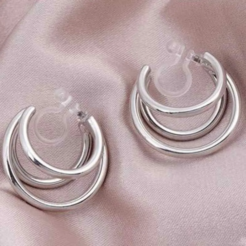 Silver Triple Invisible Clip On Hoop Earrings