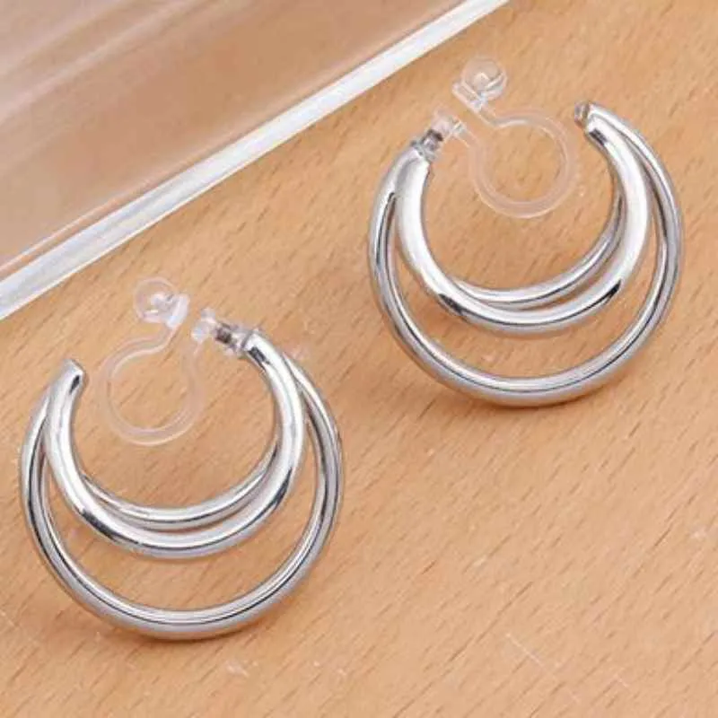 Silver Triple Invisible Clip On Hoop Earrings