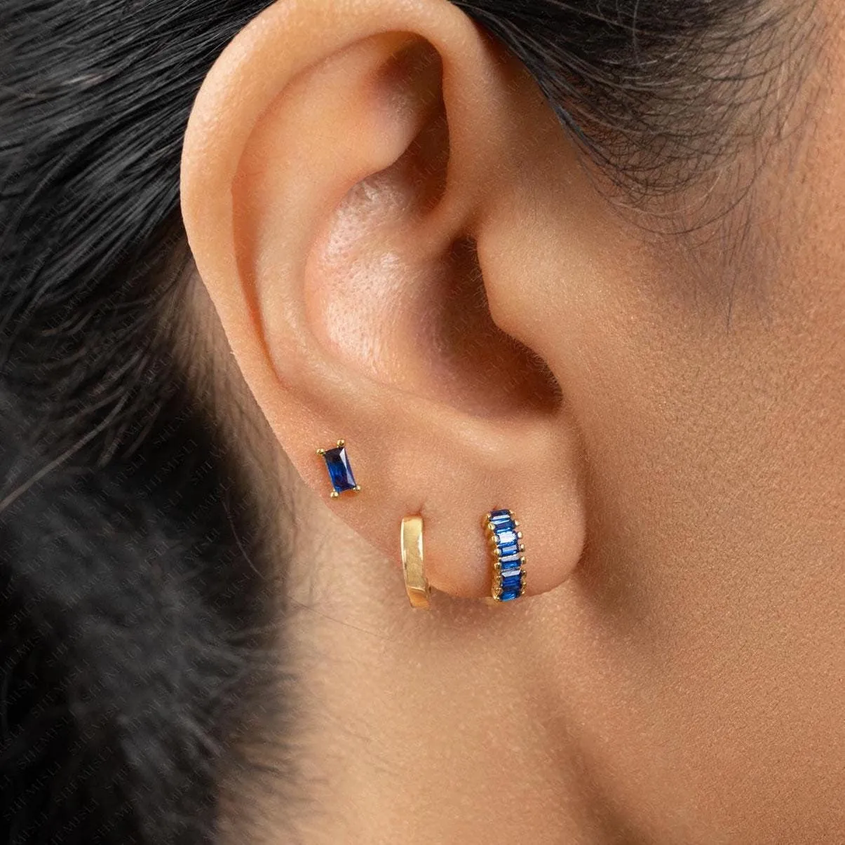 Simple Sapphire Baguette CZ Studs Huggies Drop Hoop Earrings Stack Set, Unisex, Gold, Silver SHEMISLI SS457, SH013, SH334