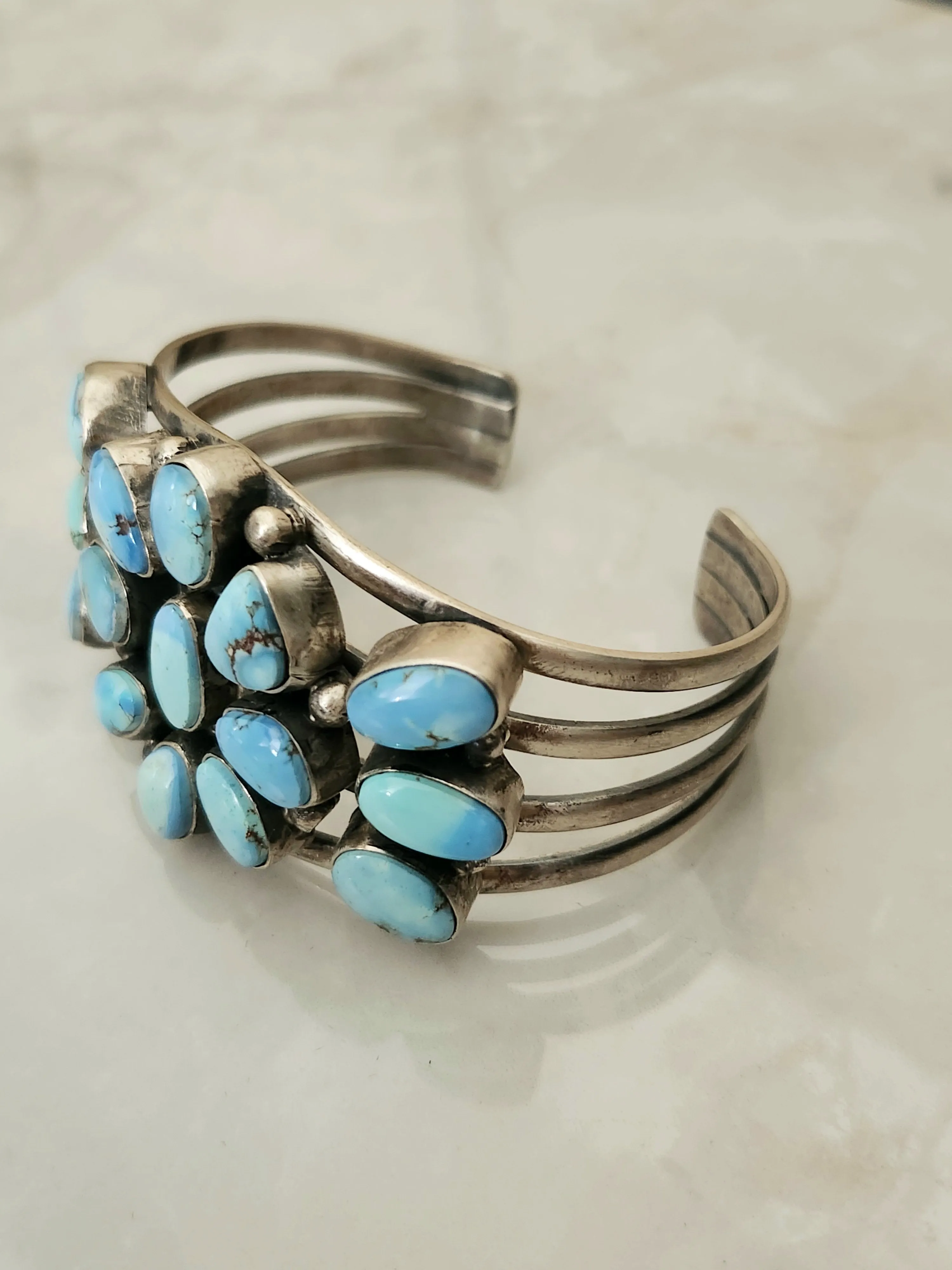 Stamped Sterling Silver Golden Hills Turquoise Cluster Cuff Bracelet